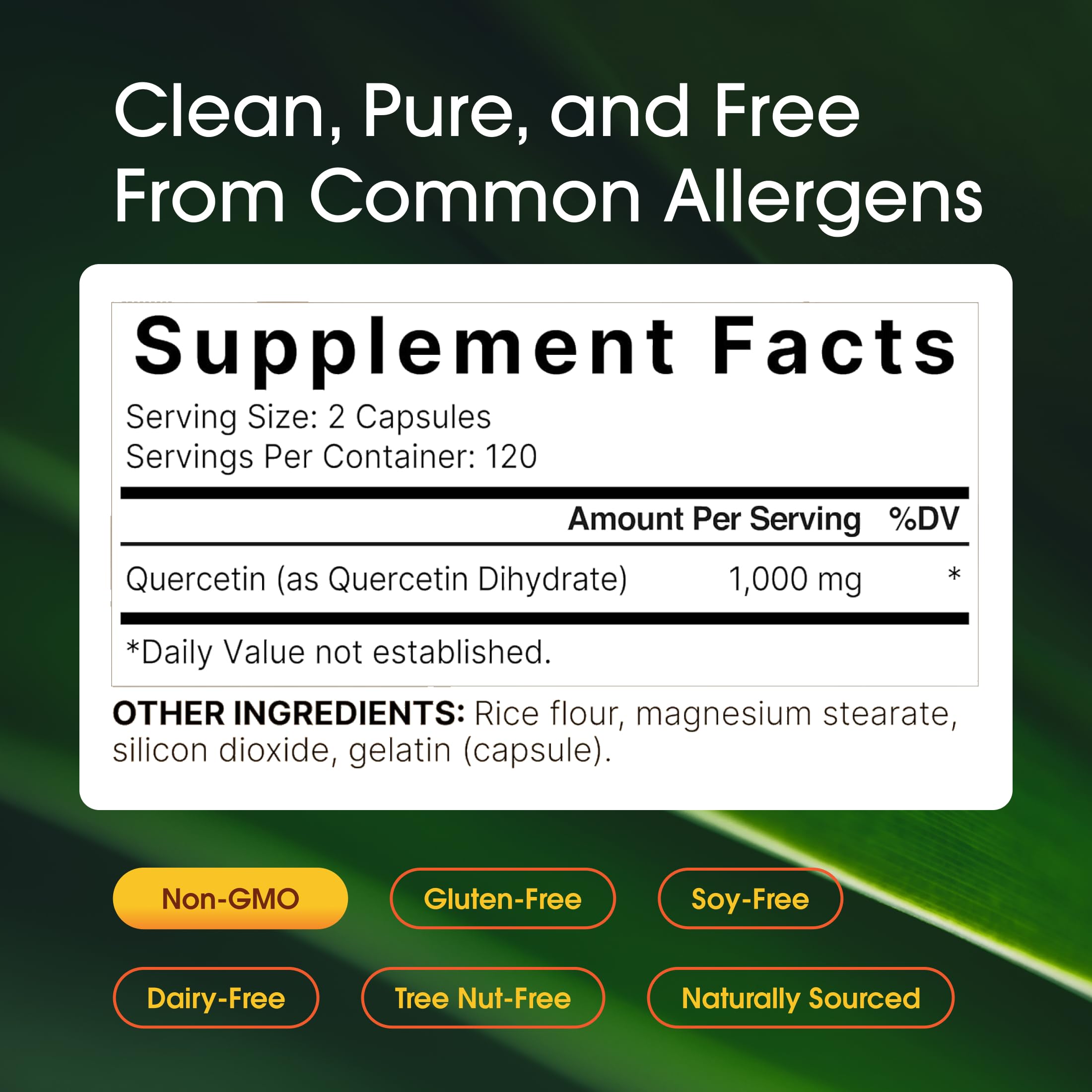 NatureBell Quercetin 1,000mg ingredients label highlights soy-free, gluten-free formula