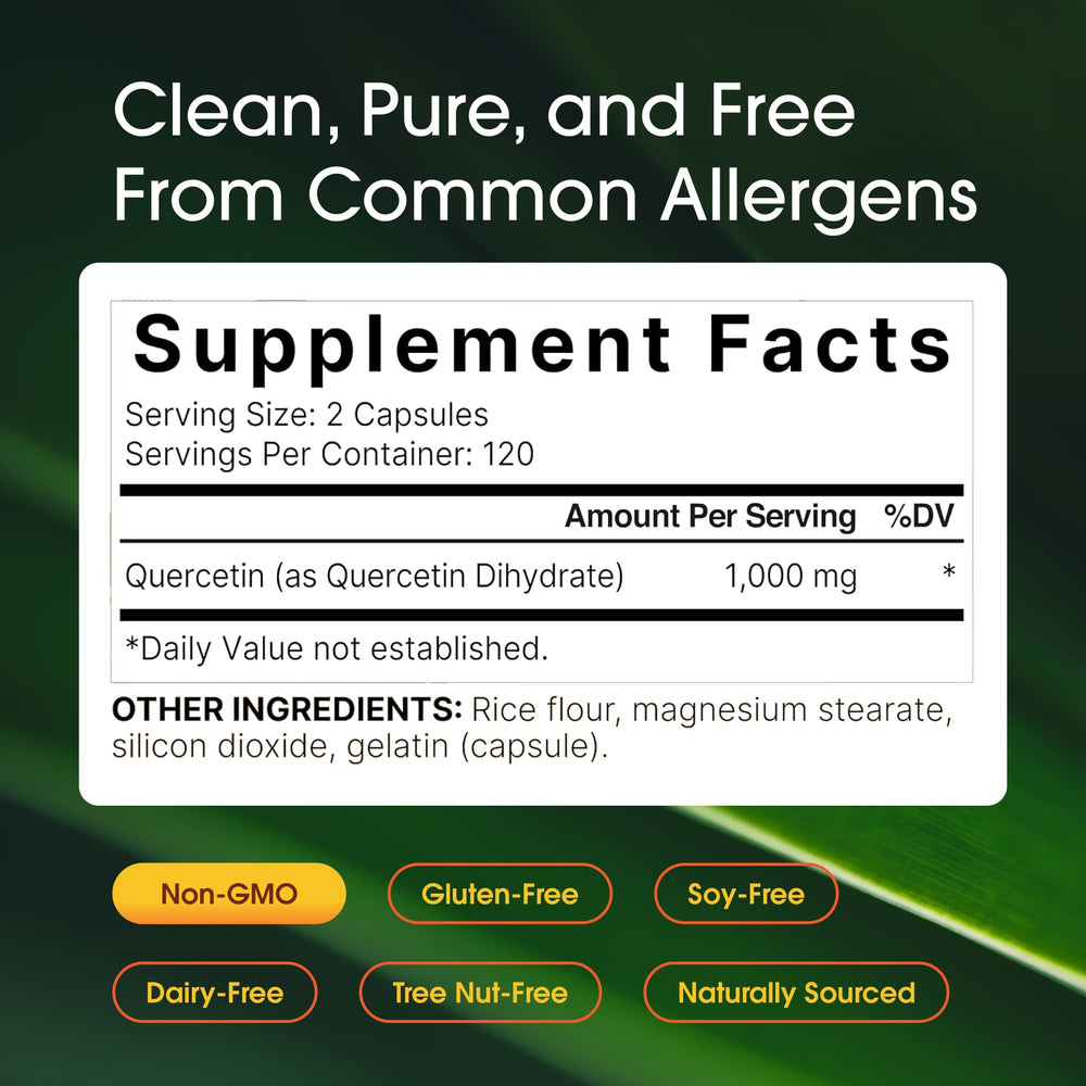 NatureBell Quercetin 1,000mg ingredients label highlights soy-free, gluten-free formula