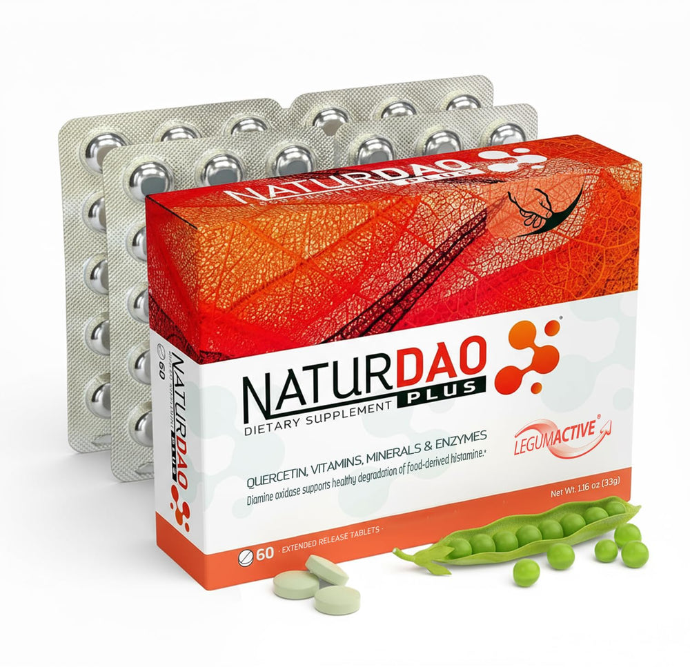 NaturDao Plus DAO enzyme bottle with extended-release tablets for steady support.