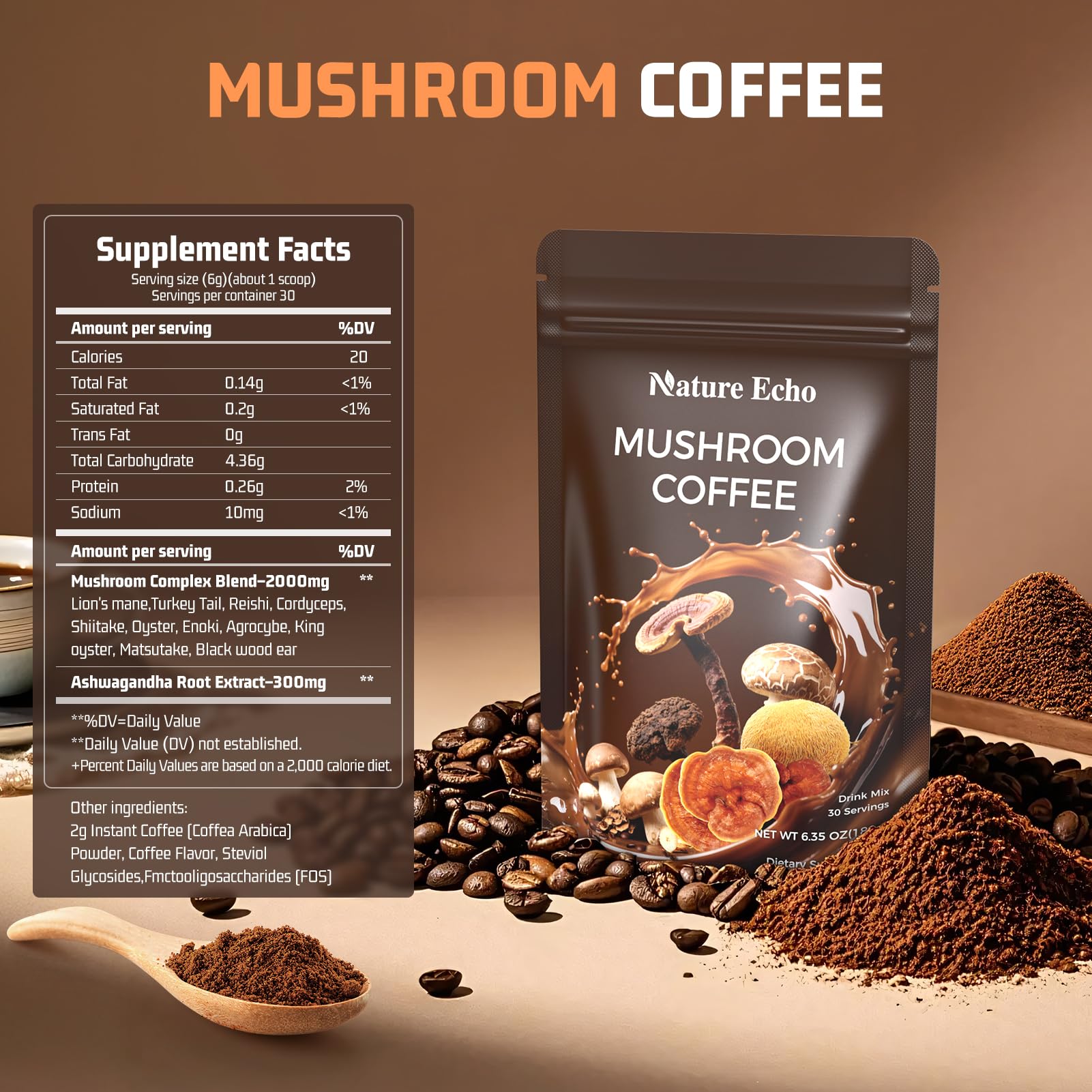 Nature Echo with Ashwagandha for calm focus in coffee.
