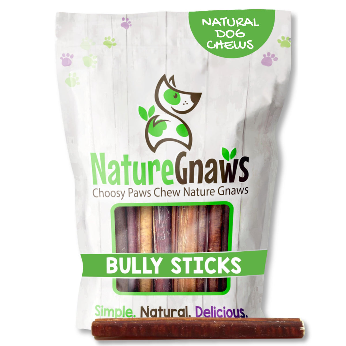 Nature Gnaws Bully Sticks bag display showing long-lasting beef chews for dogs