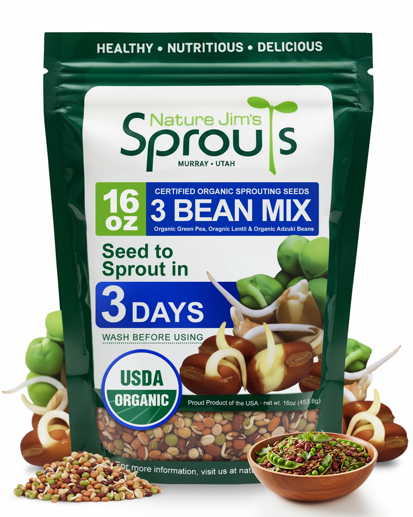 Nature Jim's Sprouts 3-Bean Seed Mix packaging ready for home sprouting