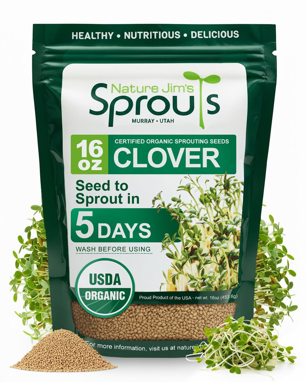Nature Jims Sprouts clover seeds bag closeup for easy home sprouting