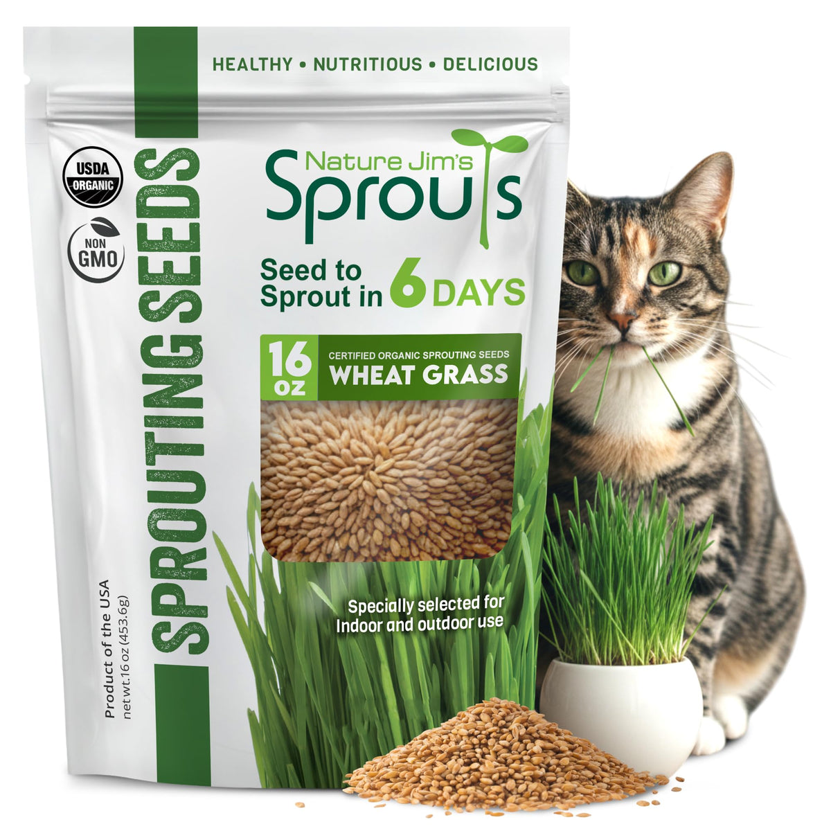 Nature Jims Sprouts wheatgrass seeds bag for at-home sprouting and cat grass growth.