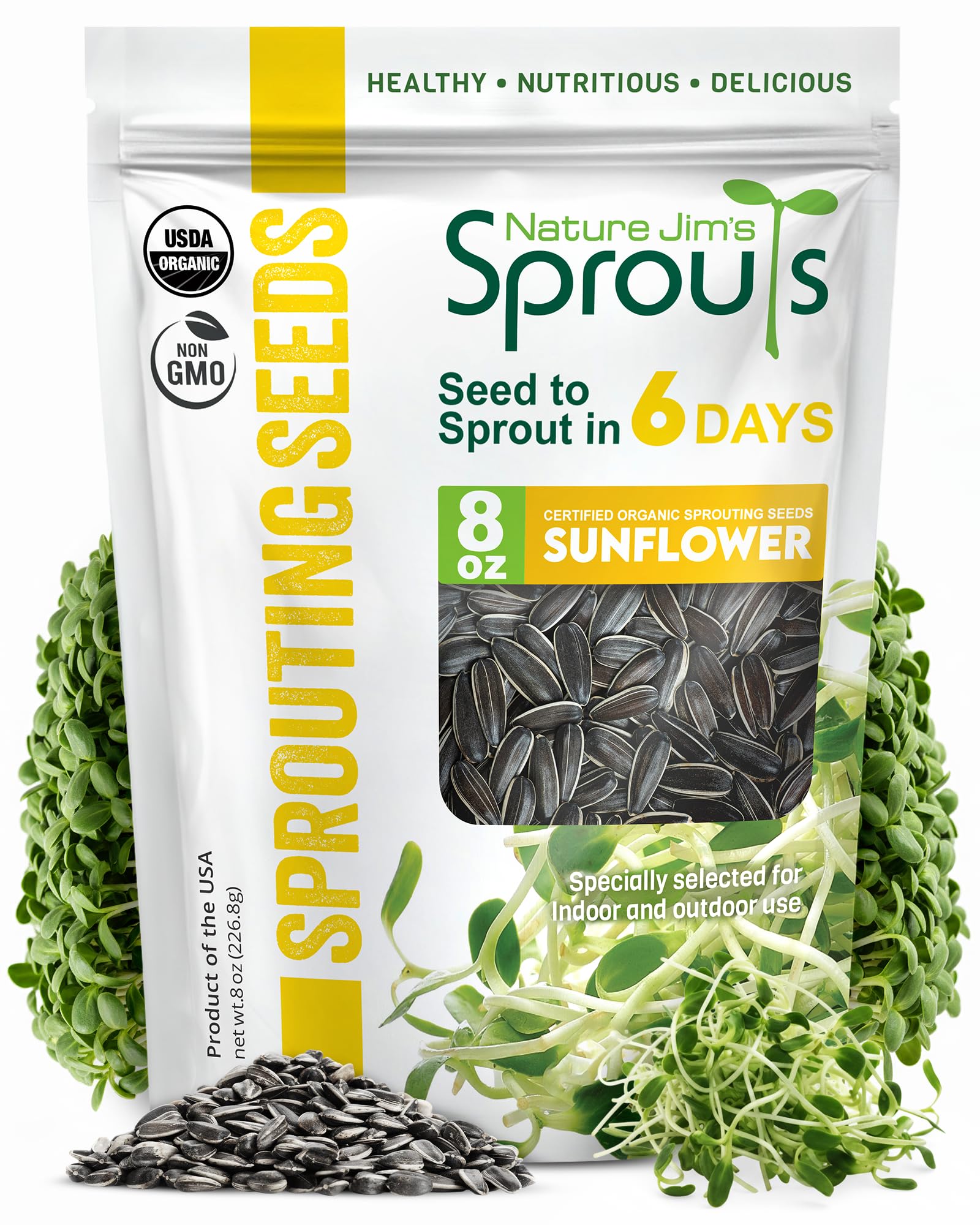 Nature Jims Sprouts organic sunflower seeds package ideal for easy home sprouting.
