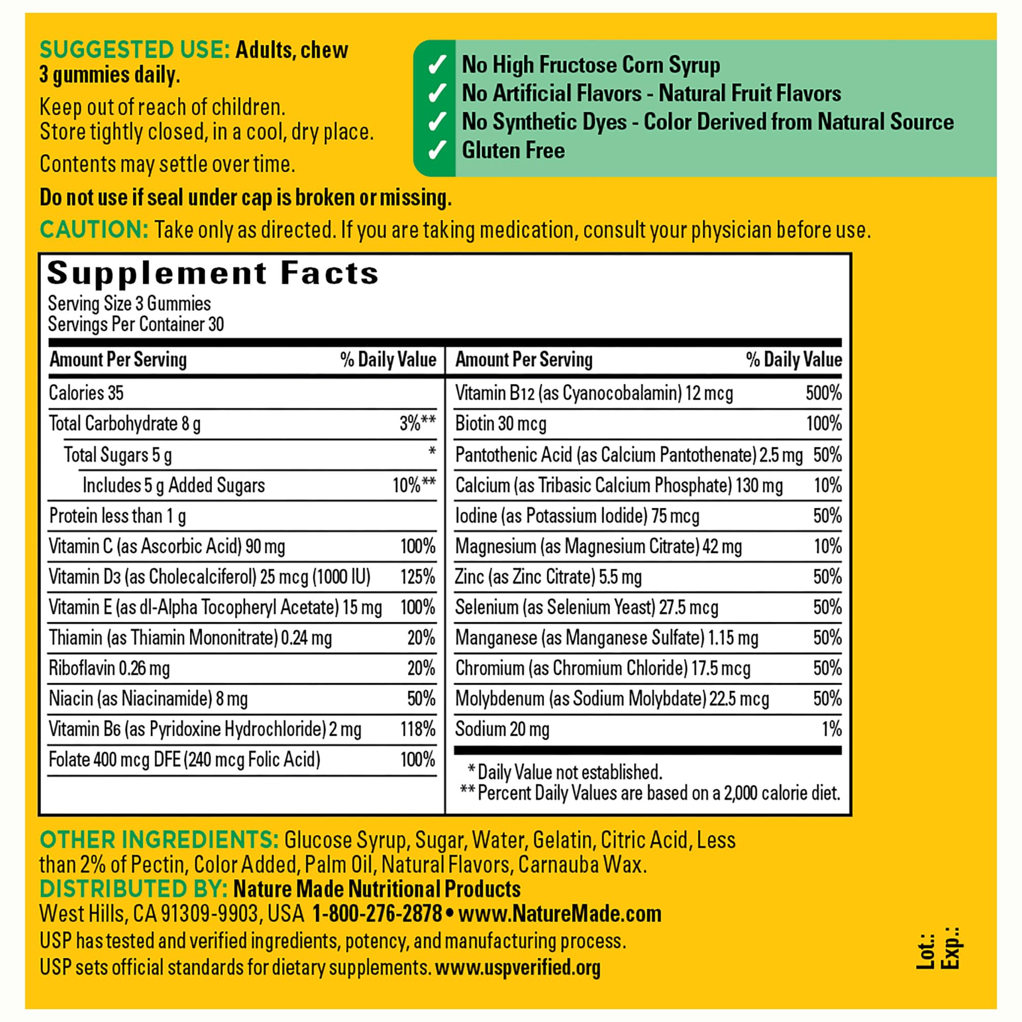 Nature Made Advanced Multivitamin Gummies Women and Men label for daily use