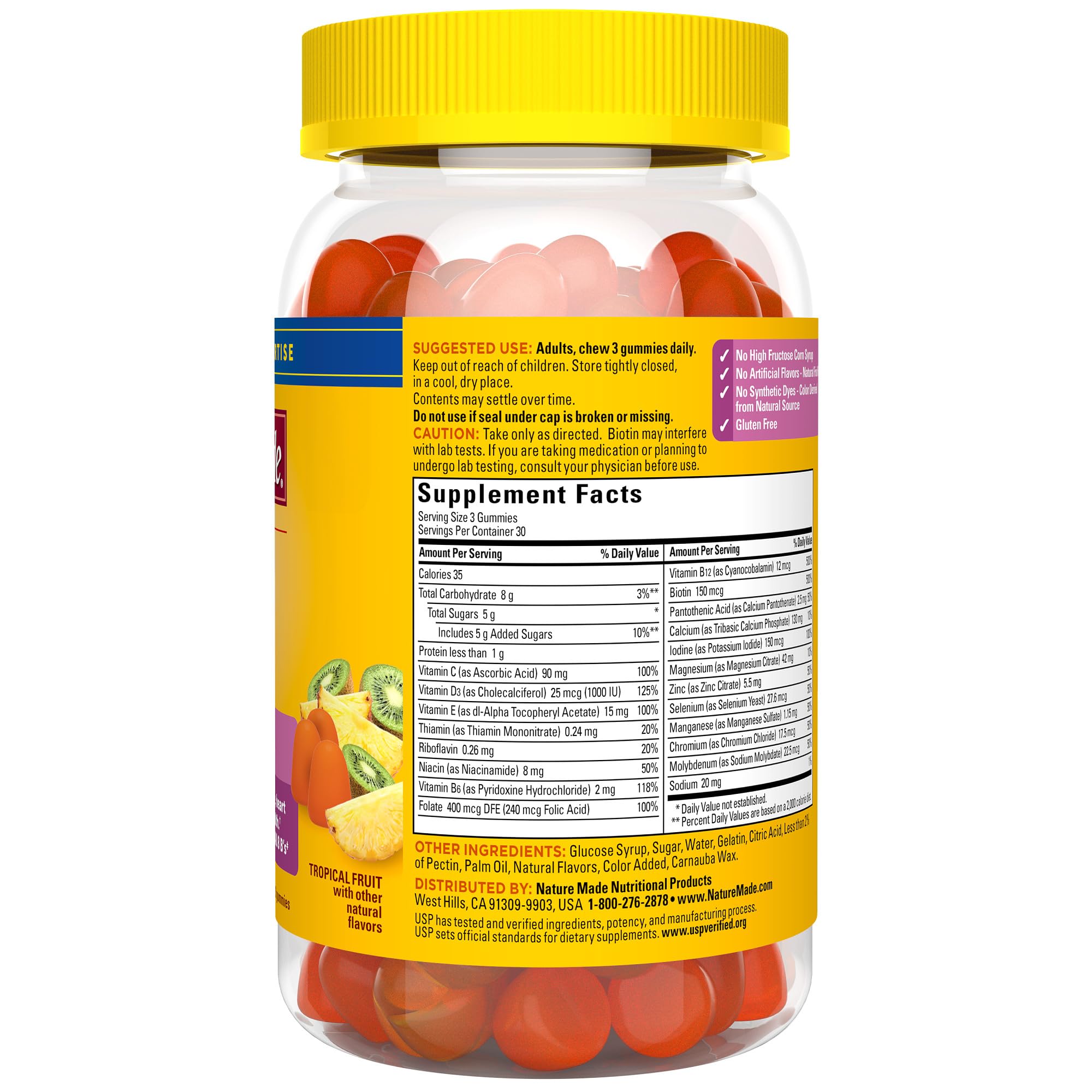 Resealable lid shown on Nature Made Advanced Women's Gummy Multivitamins bottle.