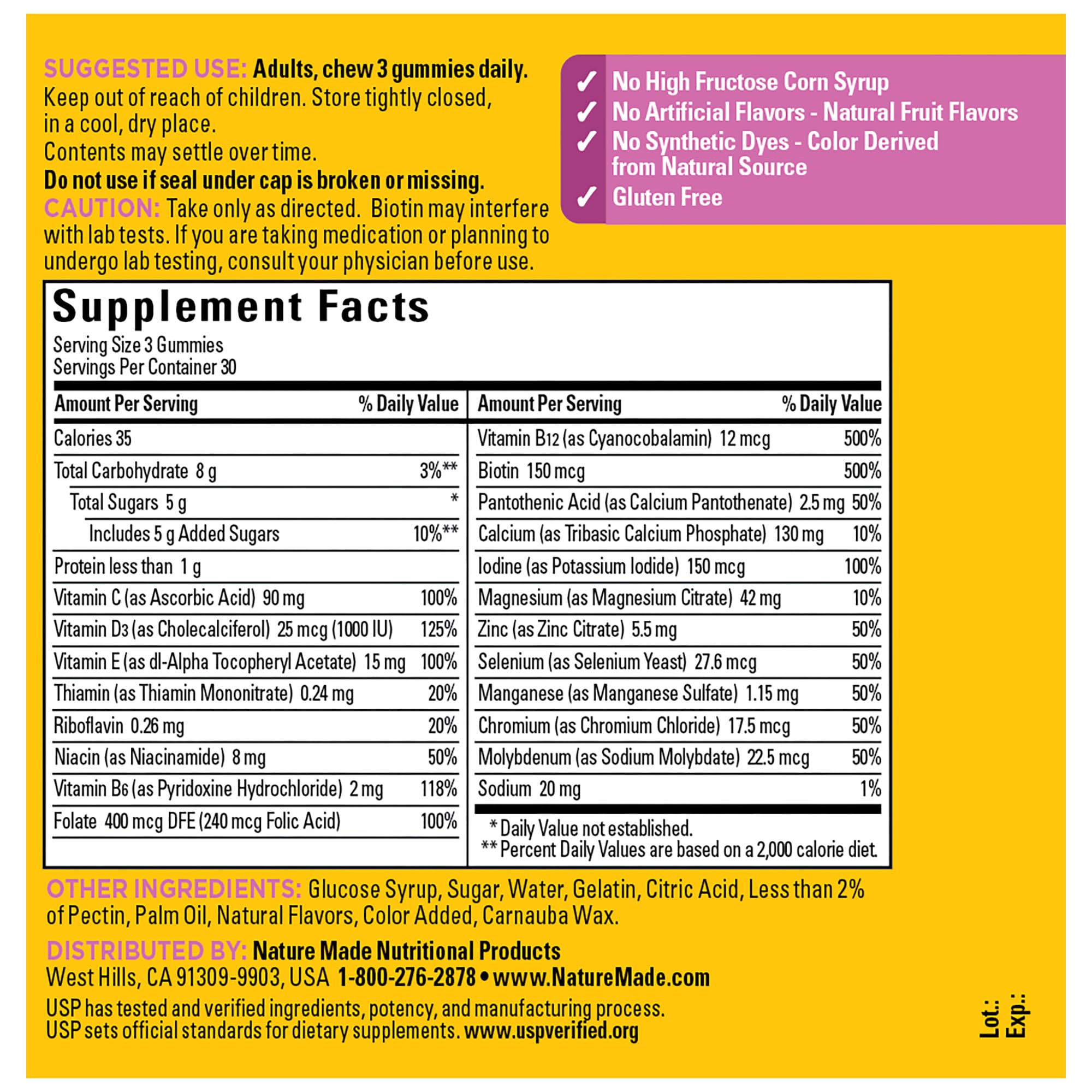 Gummies with tropical fruit flavor on Nature Made Advanced Women's Gummy Multivitamins packaging.