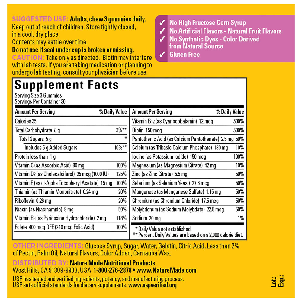Gummies with tropical fruit flavor on Nature Made Advanced Women's Gummy Multivitamins packaging.