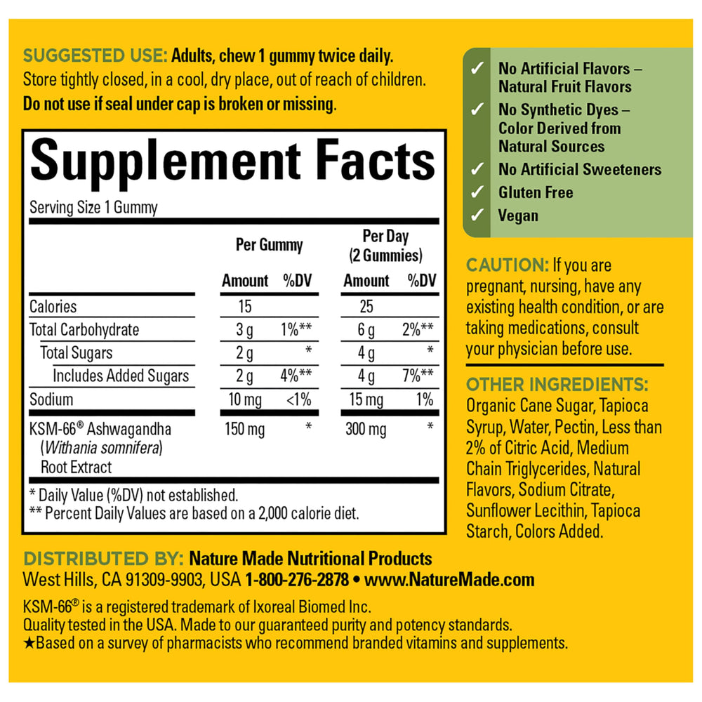 Nature Made Ashwagandha Gummies pharmacist-recommended badge supports trust.