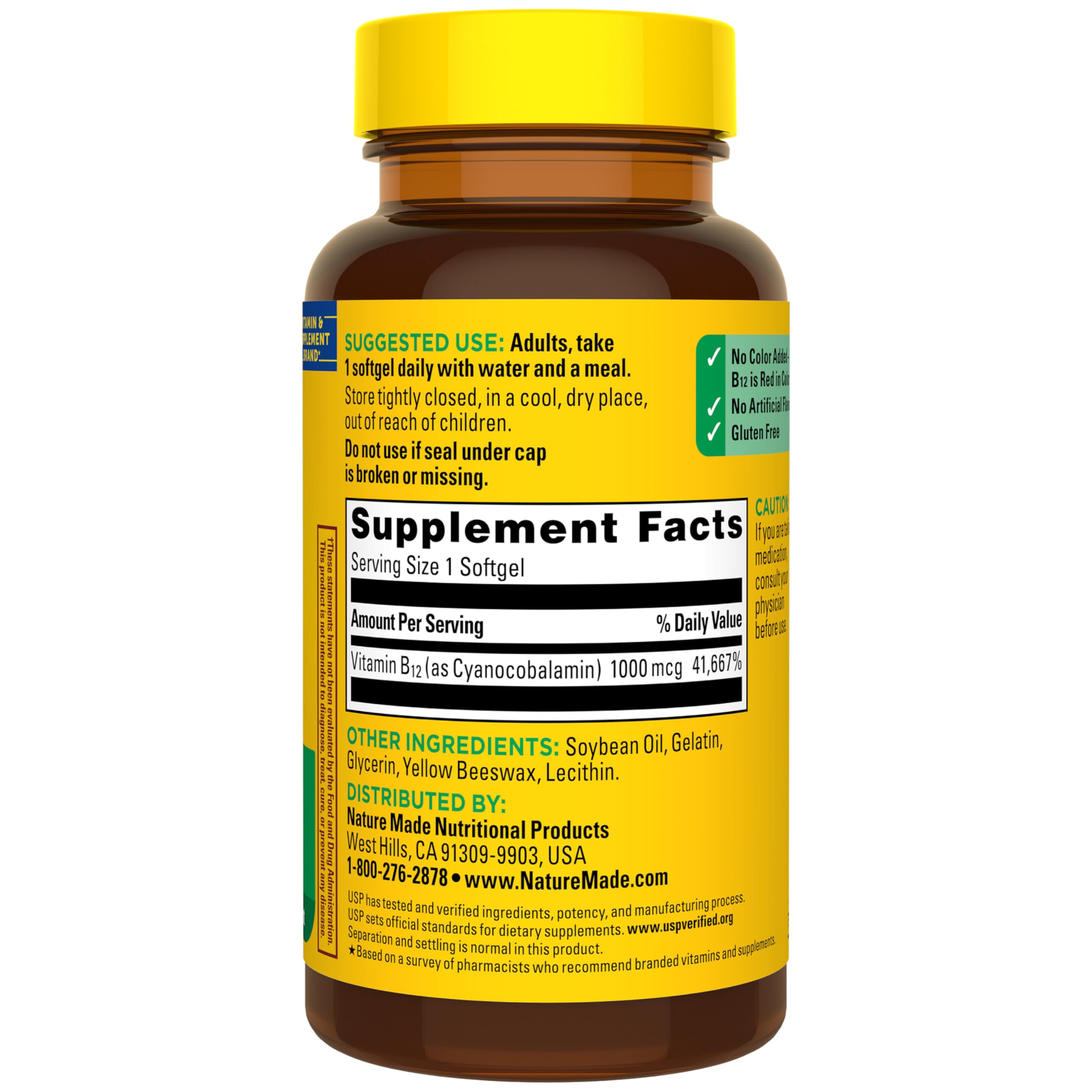 Nature Made Vitamin B12 1000 mcg bottle highlighting gluten-free formulation.