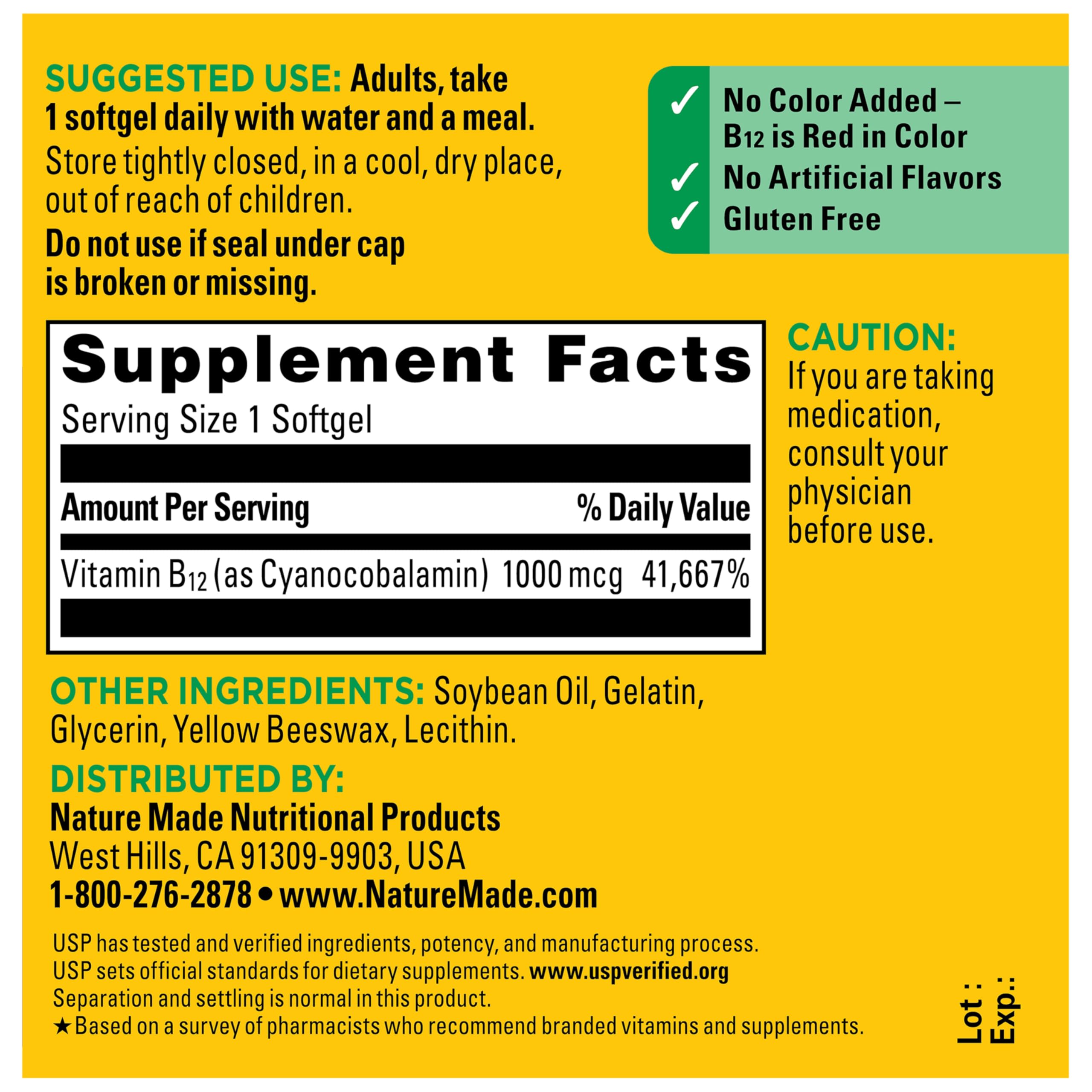 Nature Made Vitamin B12 softgel with USP Verified label on the bottle.