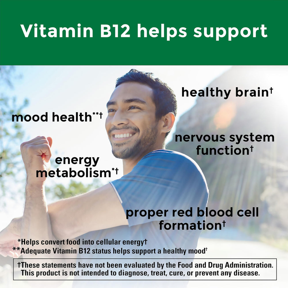 Nature Made B12 bottle front view highlighting gluten-free and preservative-free formulation.