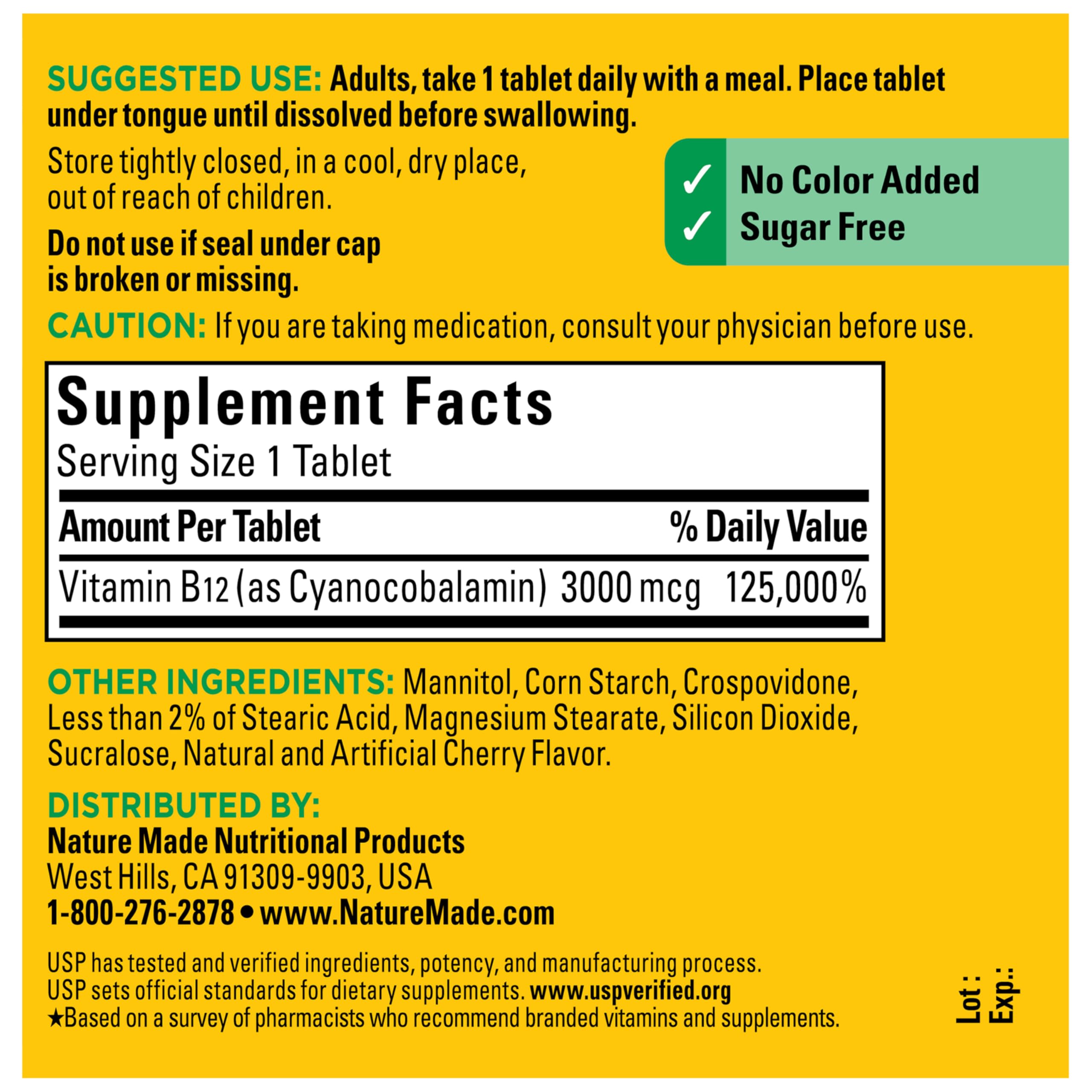 Nature Made B12 daily-use bottle beside meal reminder