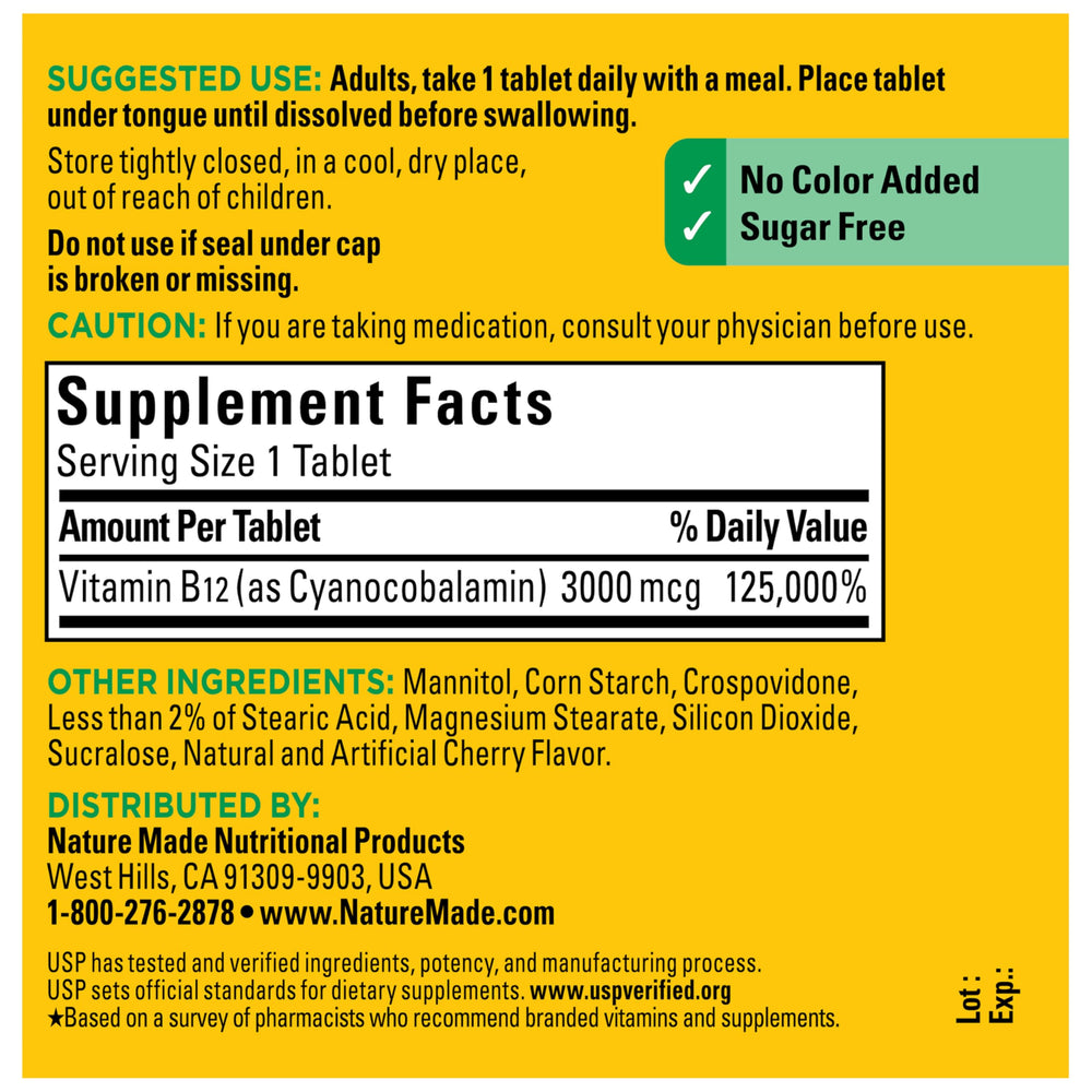 Nature Made B12 daily-use bottle beside meal reminder
