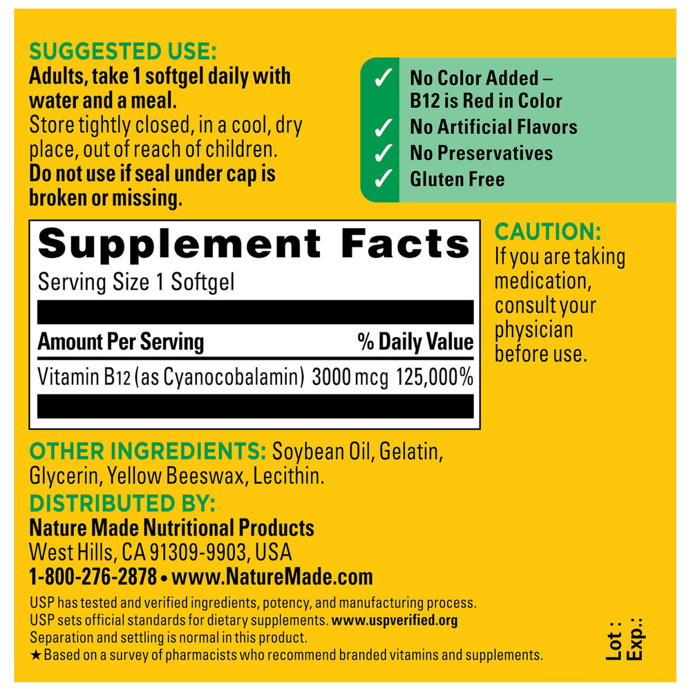 Nature Made B12 daily use with water and meal for absorption