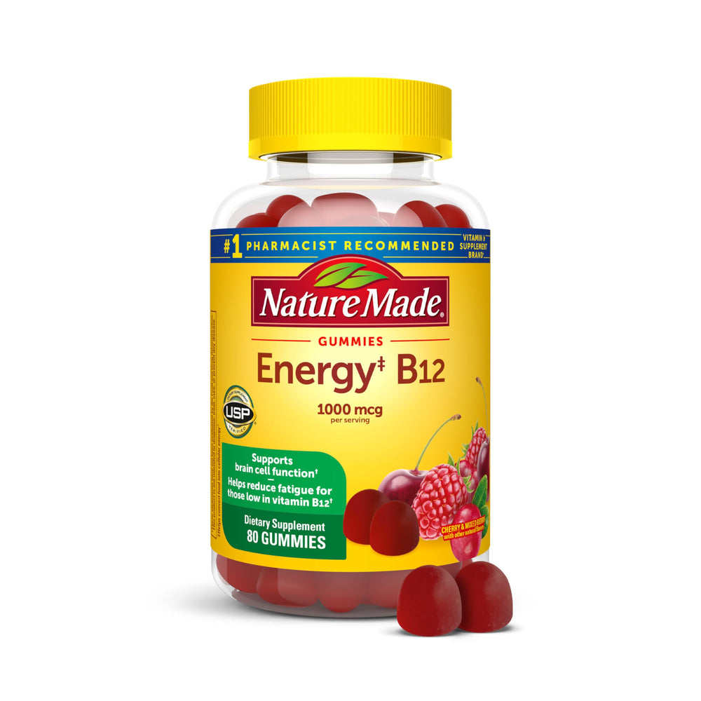 Nature Made B12 Gummies bottle closeup highlighting 1000 mcg per serving for energy support.