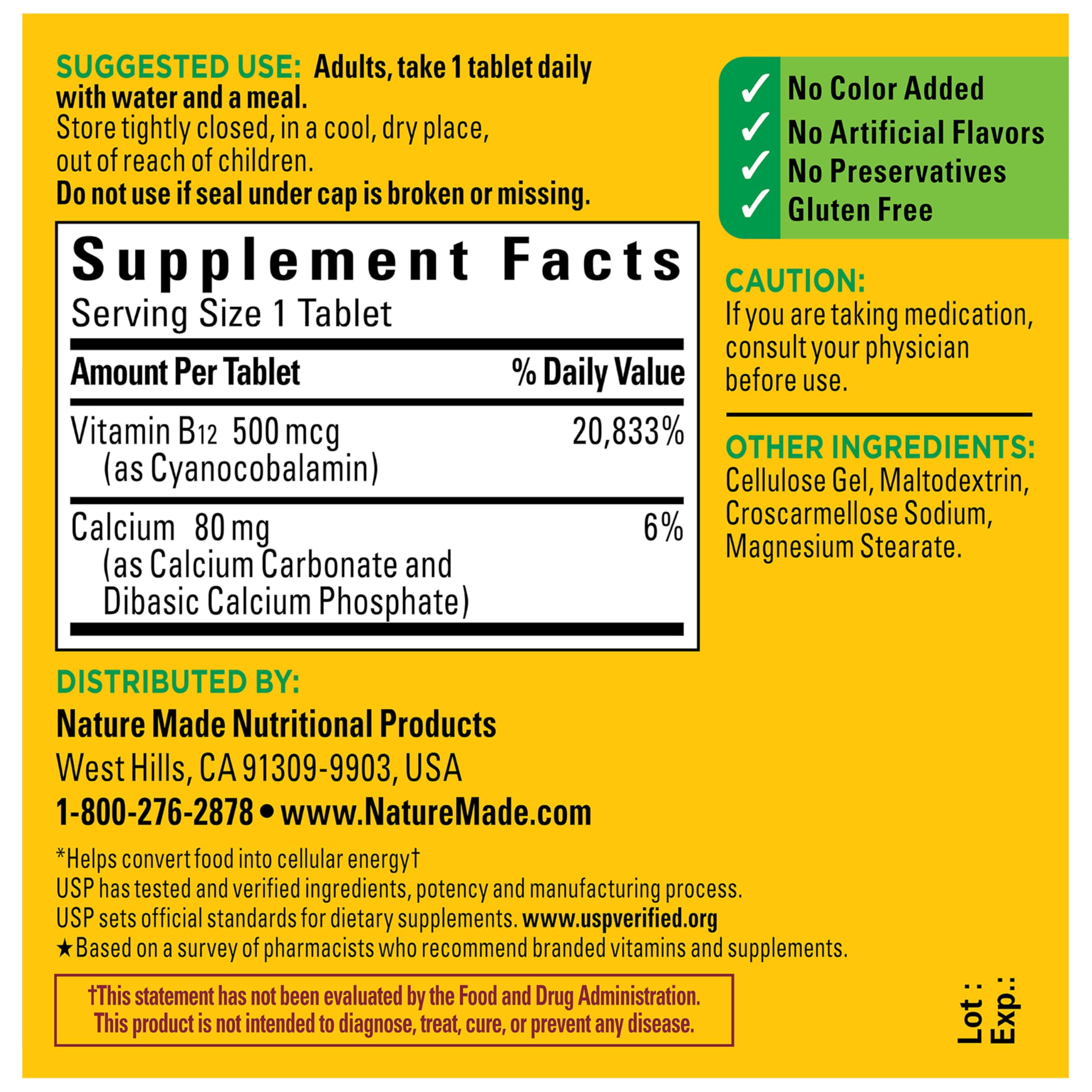 Nature Made B12 tablets on a meal illustrate convenient take-with-food usage.