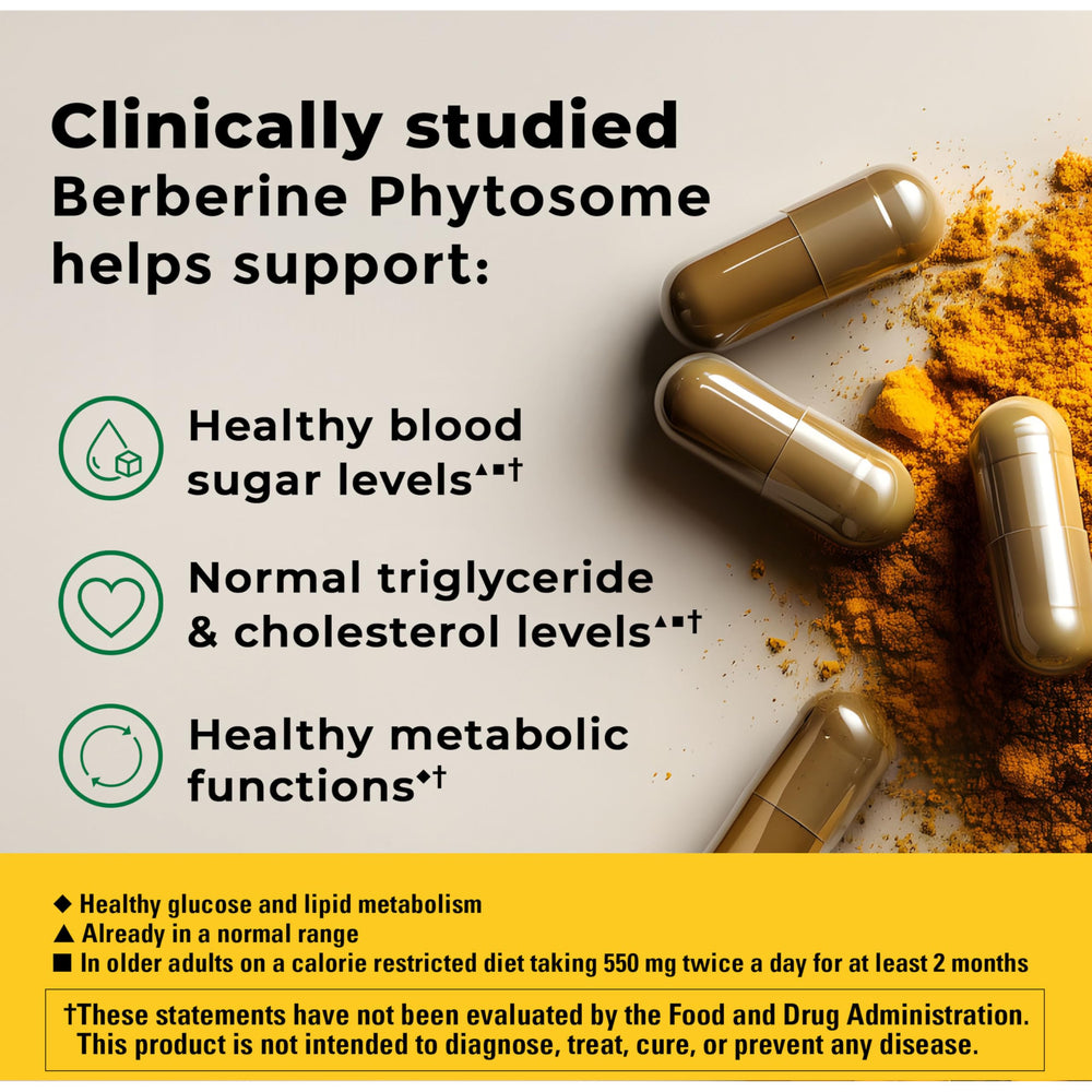 Closeup of Nature Made Berberine Phytosome capsules on gluten-free label for daily use.