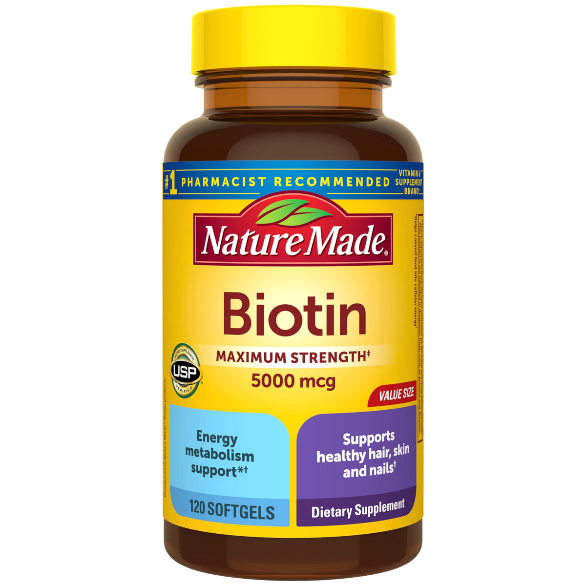 Nature Made Biotin 5000 mcg softgels bottle for daily hair, skin, and nails support.