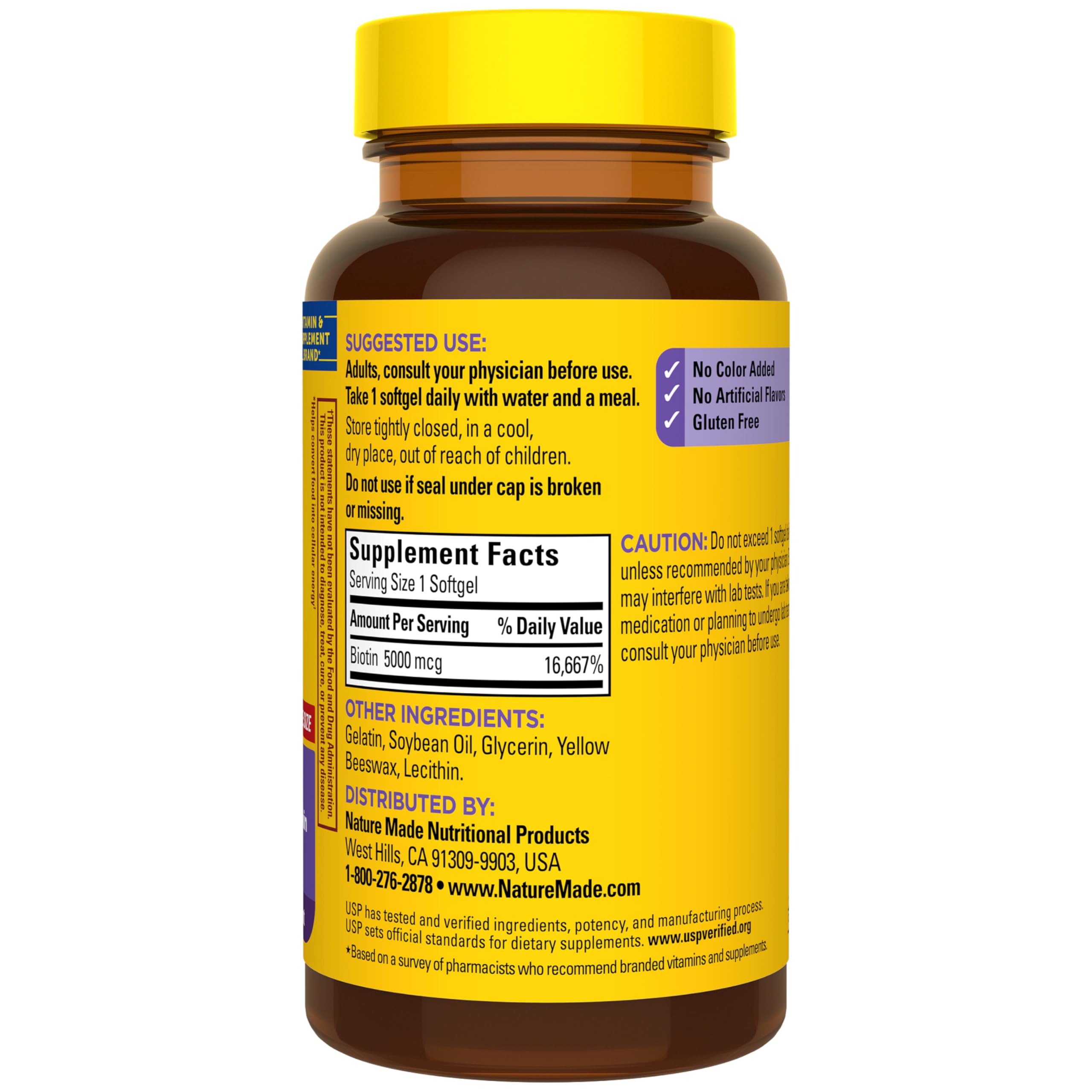 Nature Made Biotin bottle shown with glass, daily energy metabolism reminder.