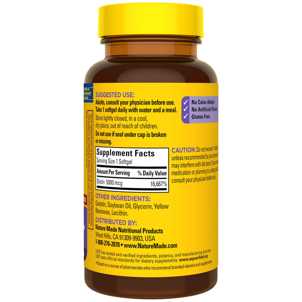 Nature Made Biotin bottle shown with glass, daily energy metabolism reminder.