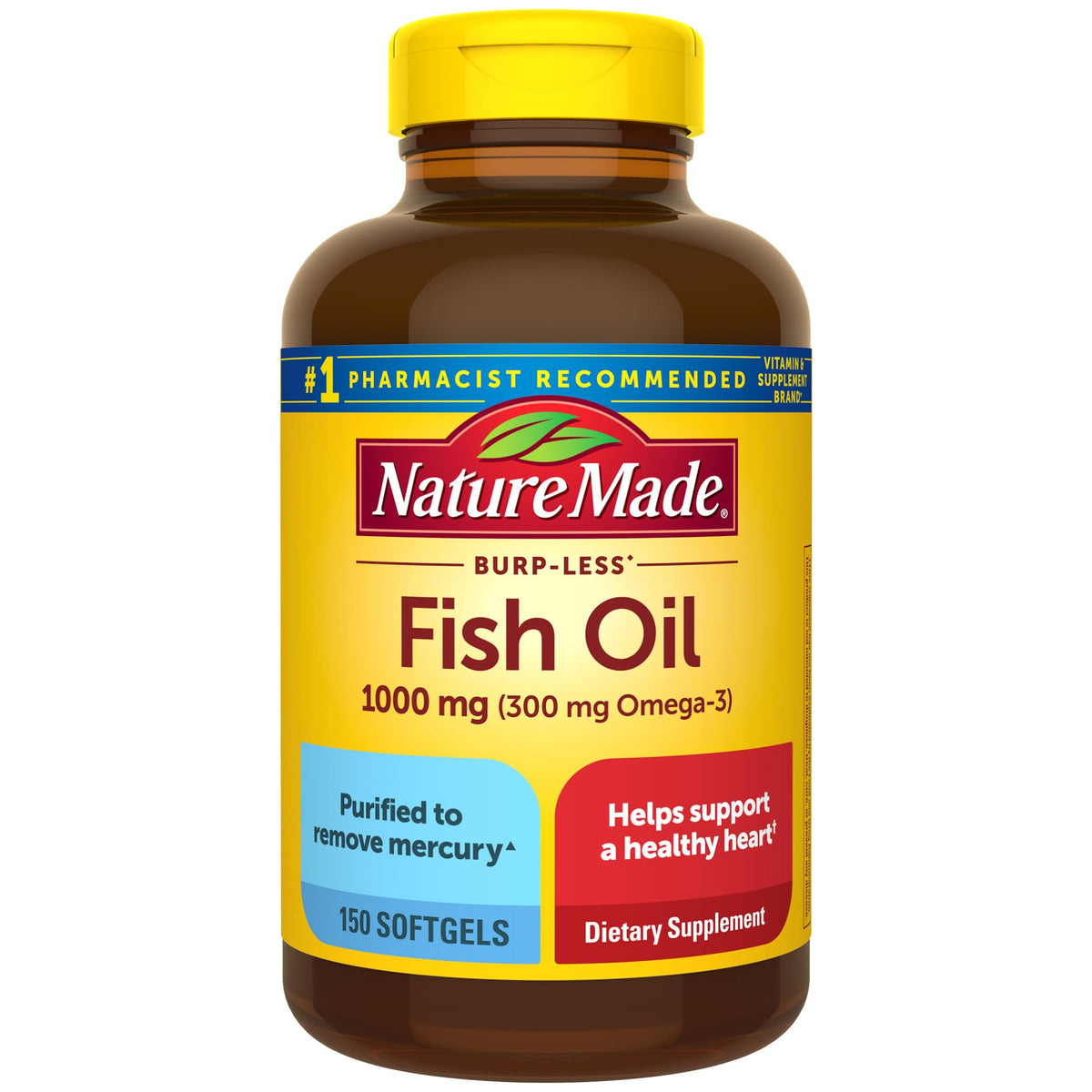Nature Made Burp Less Fish Oil bottle for daily heart health support