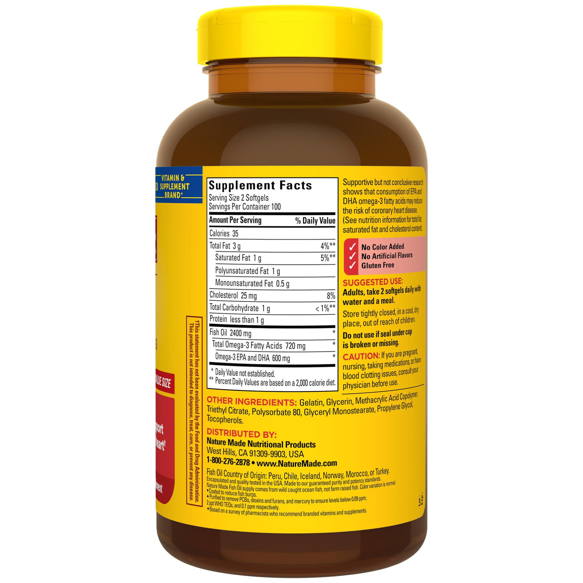 200 softgels per bottle for a 100-day supply of Nature Made Burp Less Fish Oil