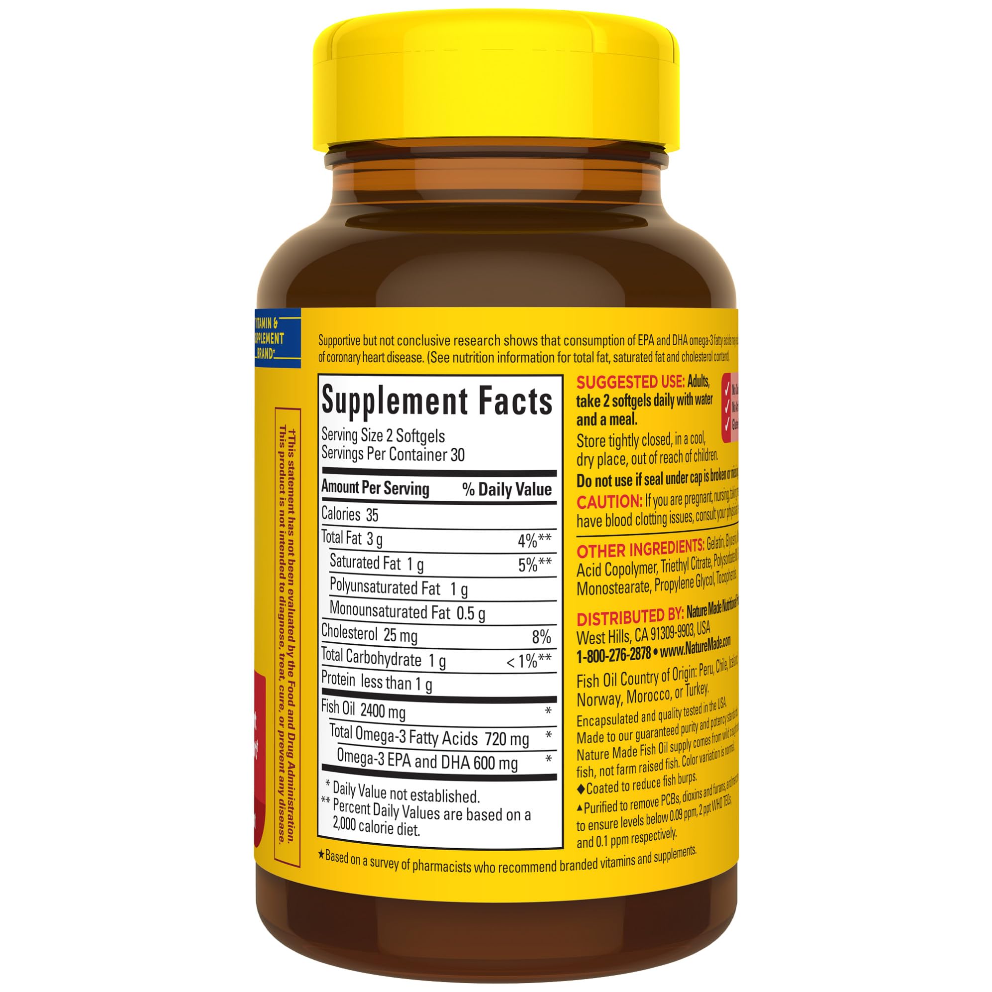 Packaging shot illustrating a 30-day supply of Nature Made Burp Less Fish Oil