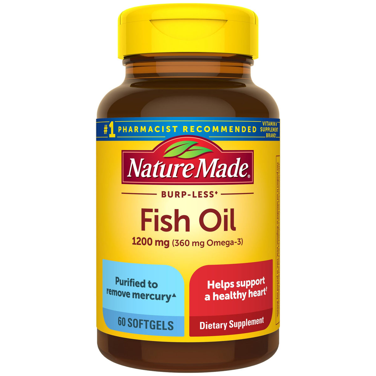 Nature Made Burp Less Fish Oil softgels bottle for daily omega-3 intake