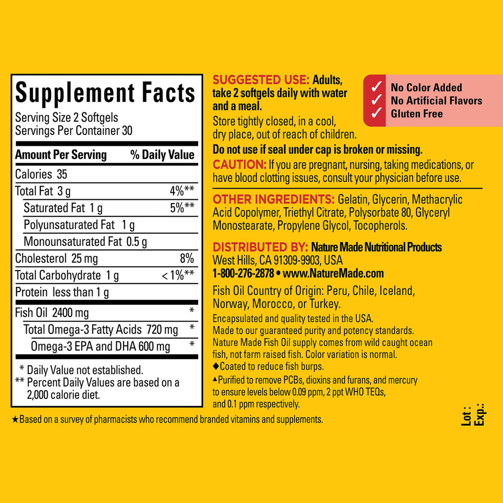 Closeup of Nature Made Burp Less Fish Oil softgels showing easy-to-swallow design