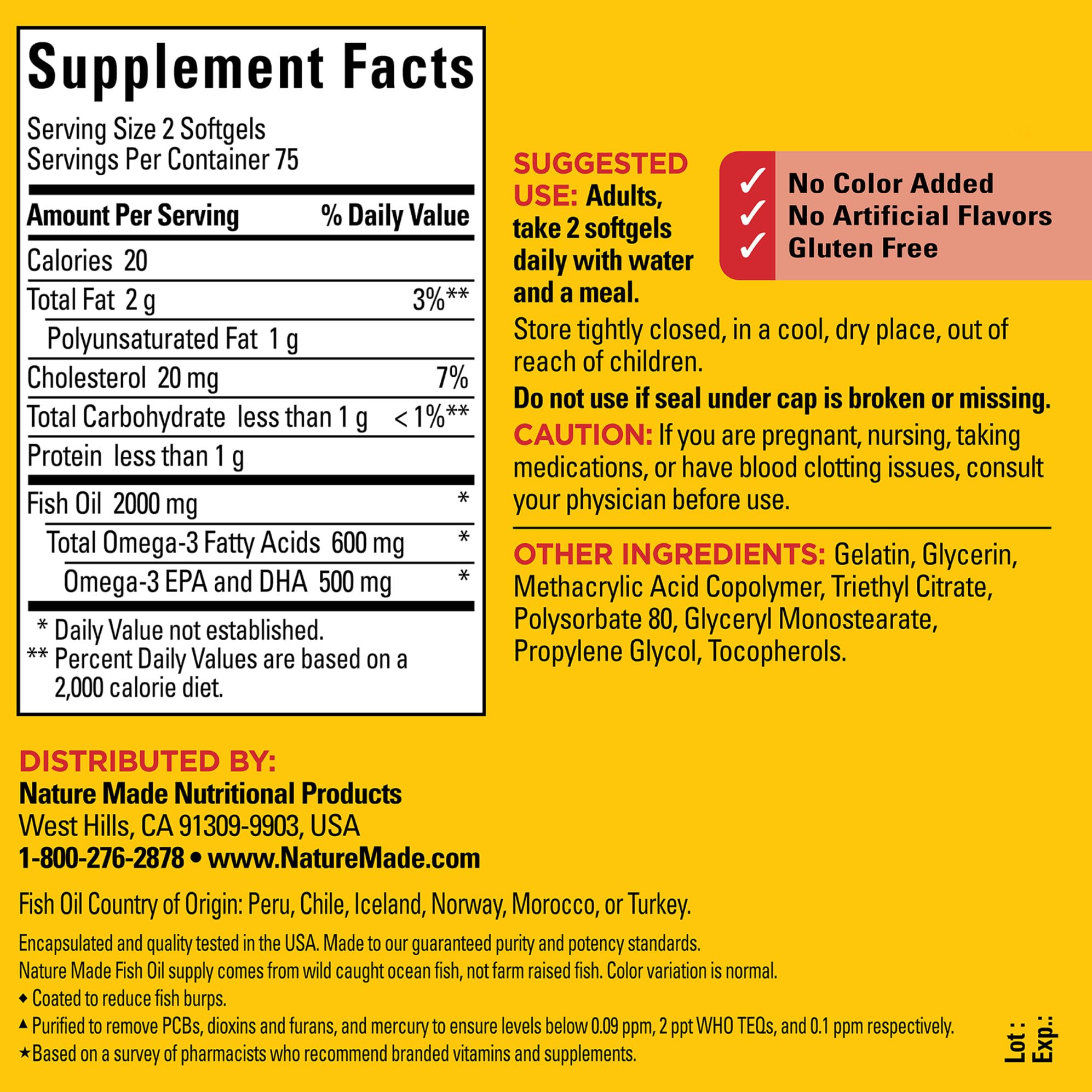 Nature Made Burp Less Fish Oil softgels being poured for easy intake