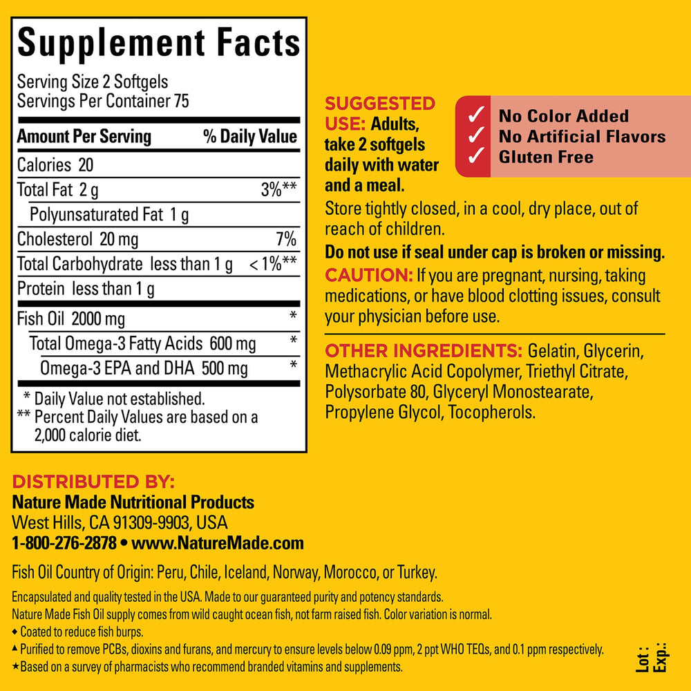 Nature Made Burp Less Fish Oil softgels being poured for easy intake
