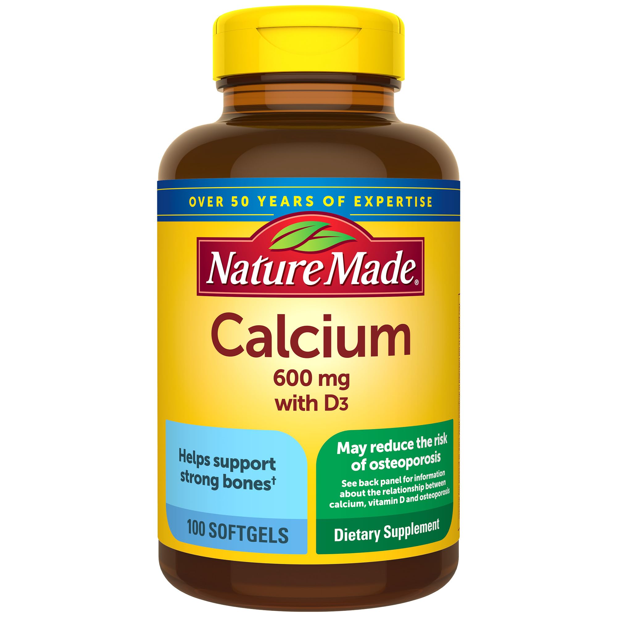 Nature Made Calcium 600 mg with Vitamin D3 bottle for bone support.