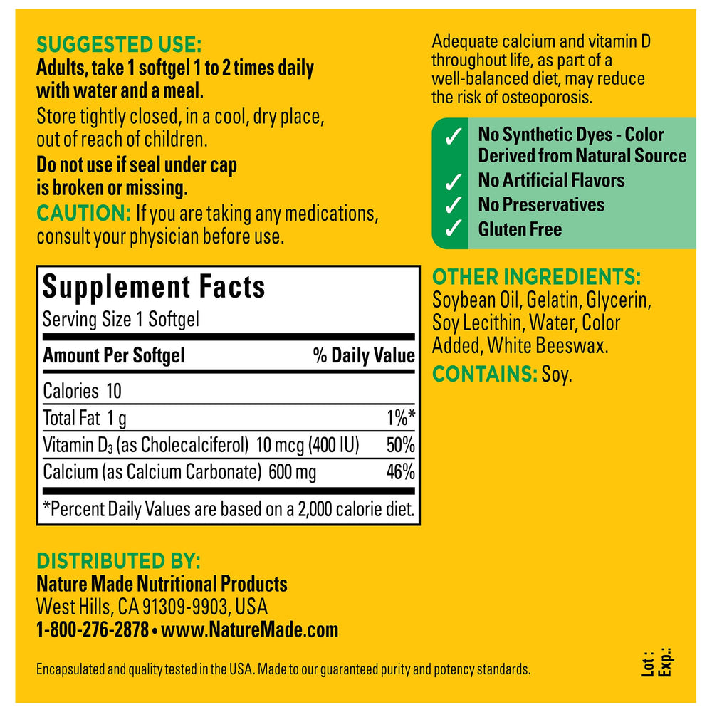Nature Made Calcium D3 bottle made in the USA.