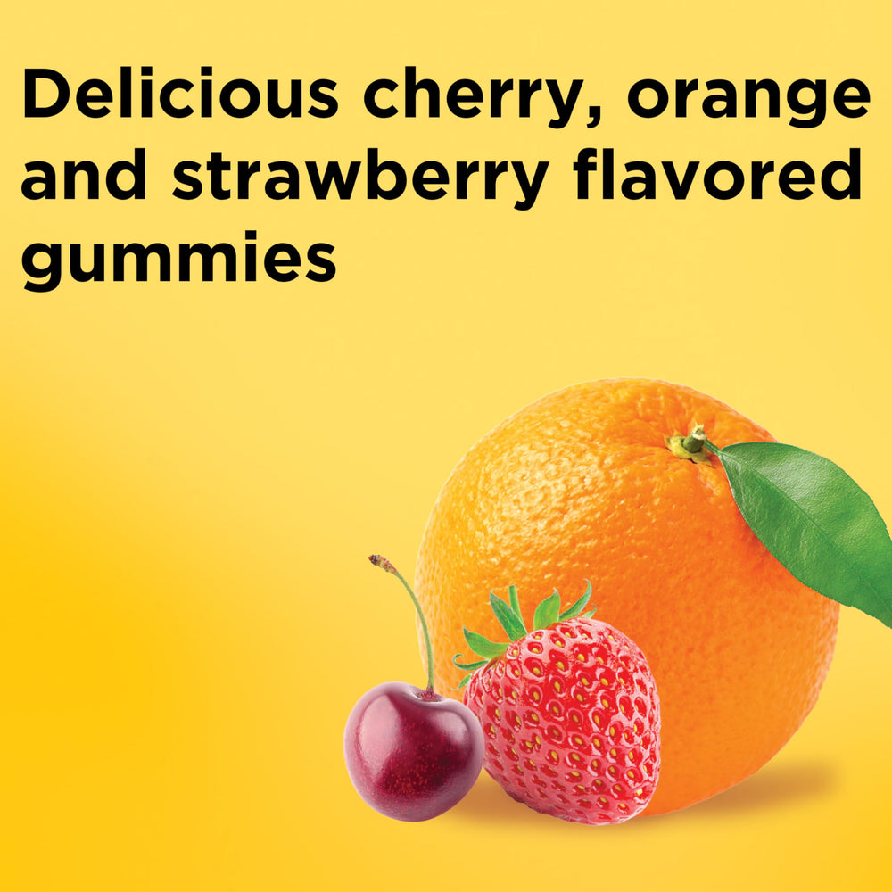 Nature Made Calcium Gummies close-up showing chewy texture and cherry-orange-strawberry flavors for daily intake