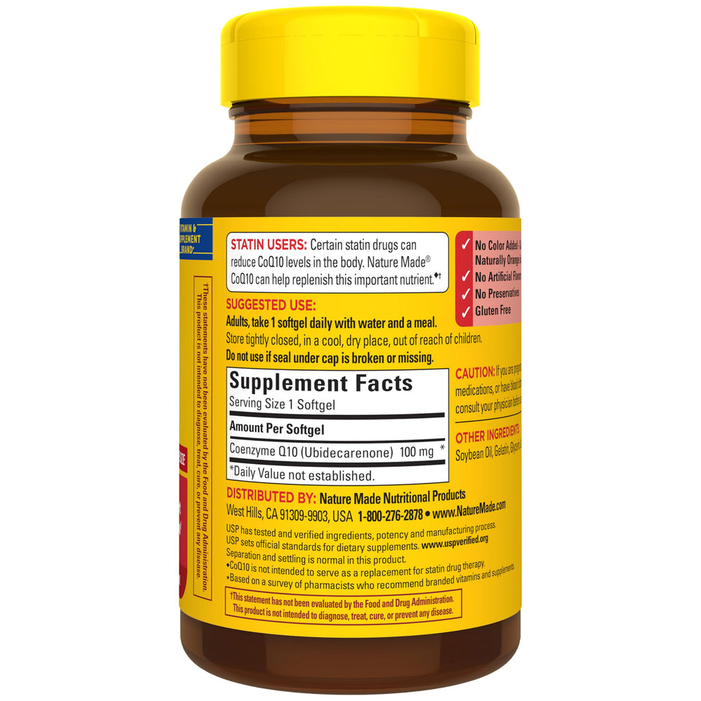 Nature Made CoQ10 100 mg softgels ready for daily use beside a meal