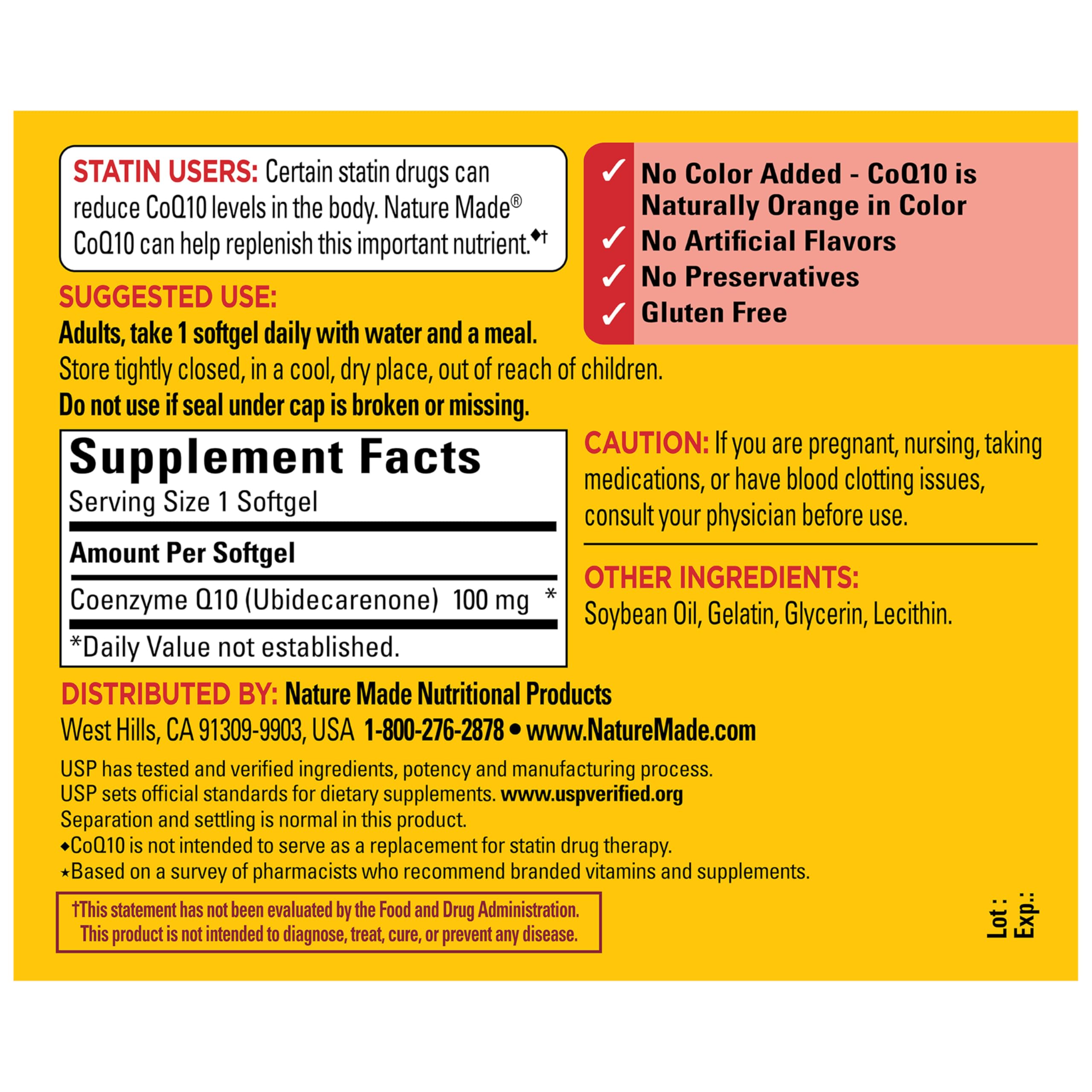 Ingredient panel for Nature Made CoQ10 100 mg softgels showing transparency