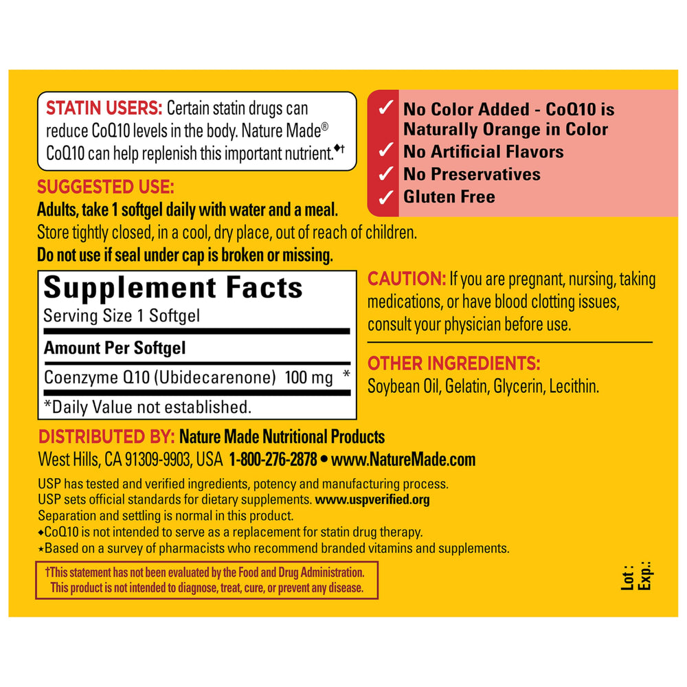 Ingredient panel for Nature Made CoQ10 100 mg softgels showing transparency