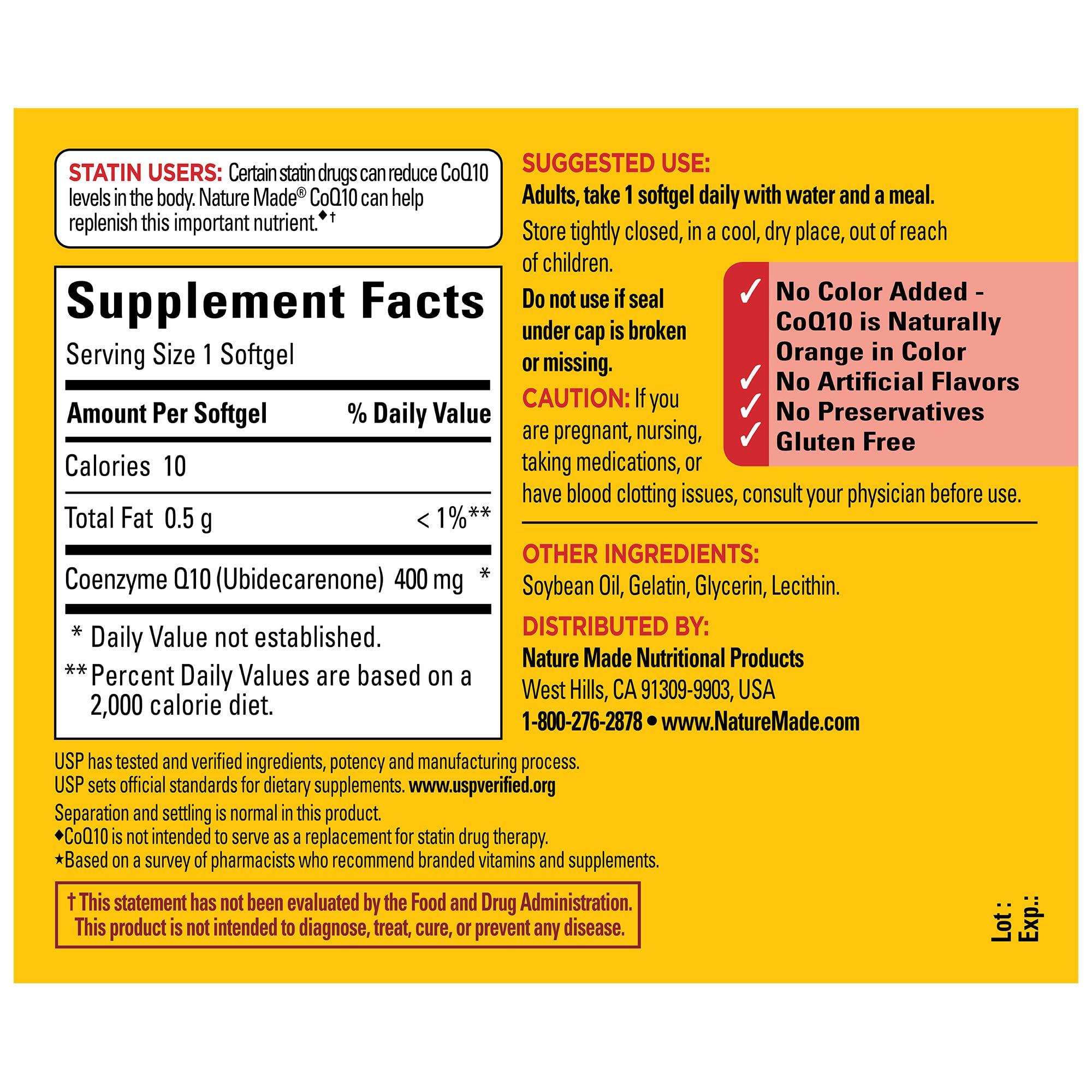 Gluten-free Nature Made CoQ10 softgels without artificial flavors.