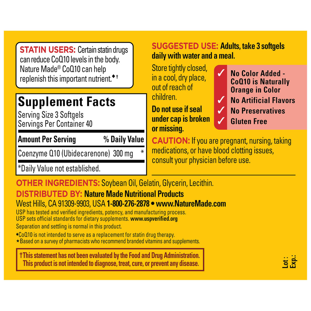 Nature Made CoQ10 softgels dispensing to illustrate daily three-count serving