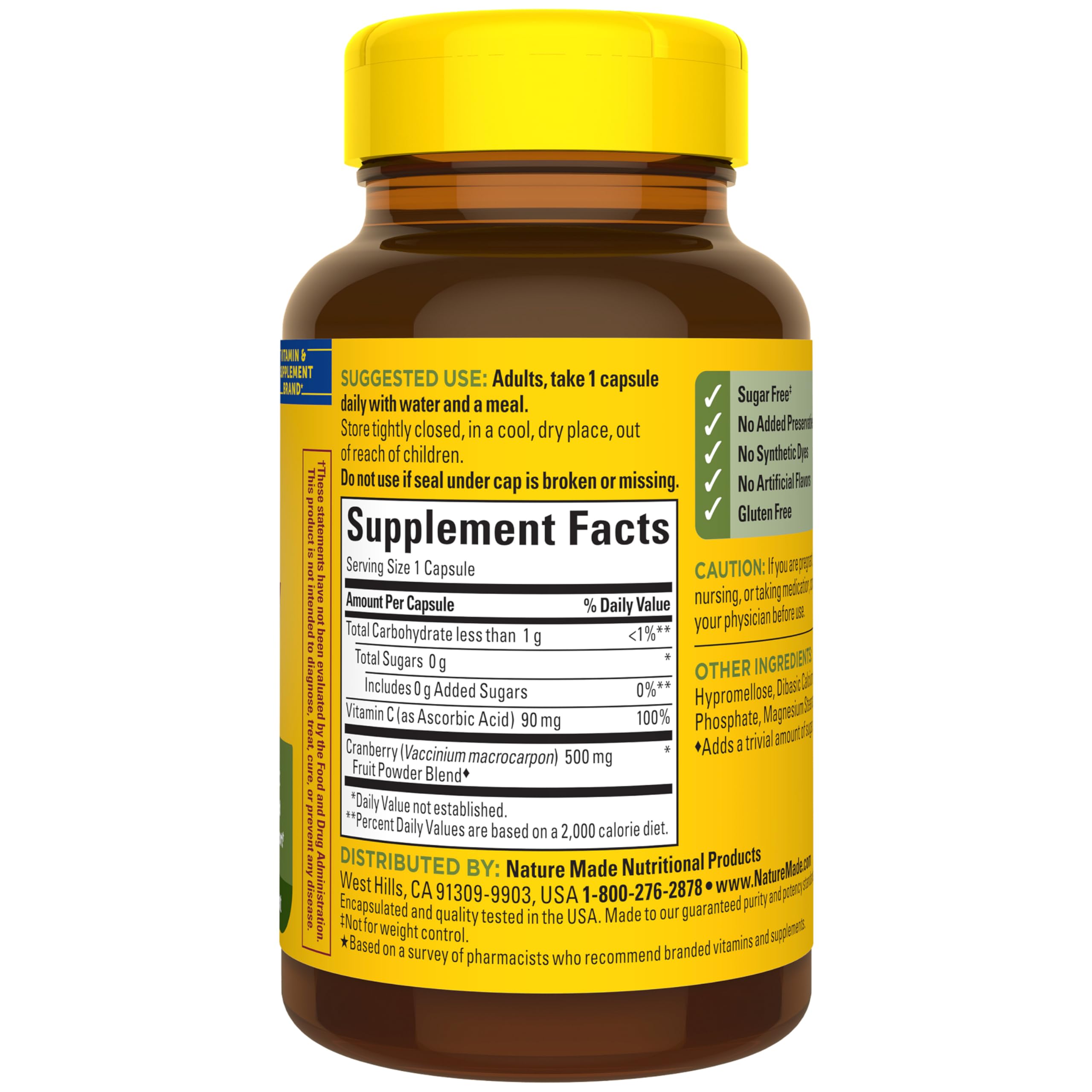 Nature Made Cranberry 500mg Vitamin C capsule on wooden surface highlights daily use