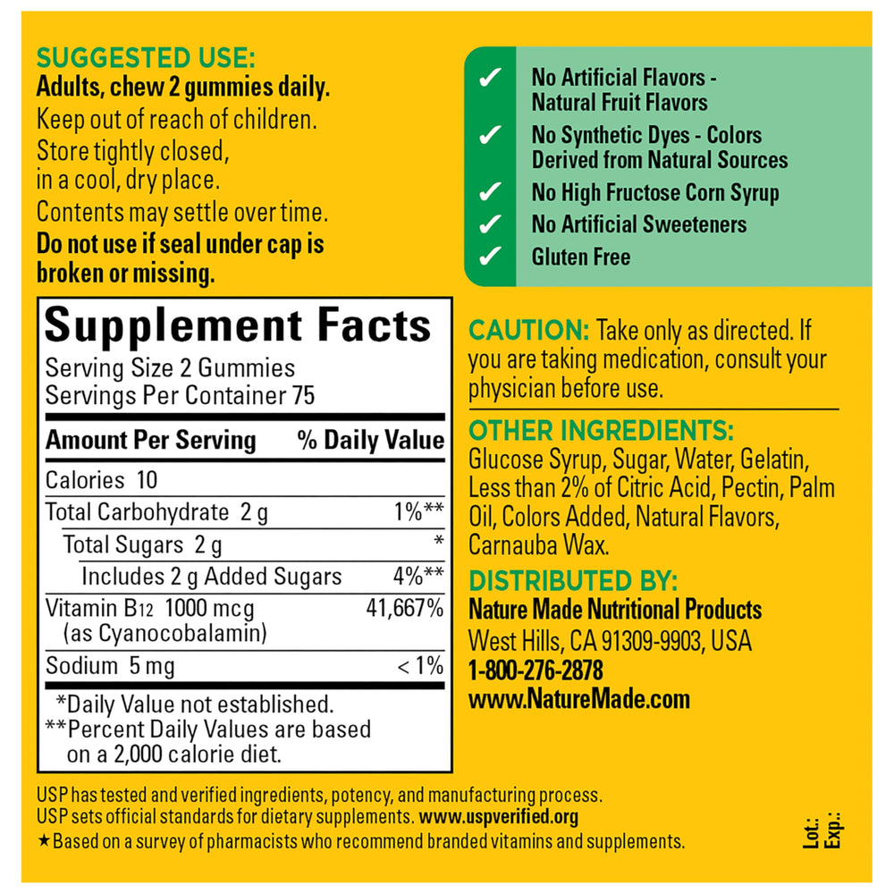 Nature Made Energy B12 Gummies label closeup emphasizing energy metabolism support.