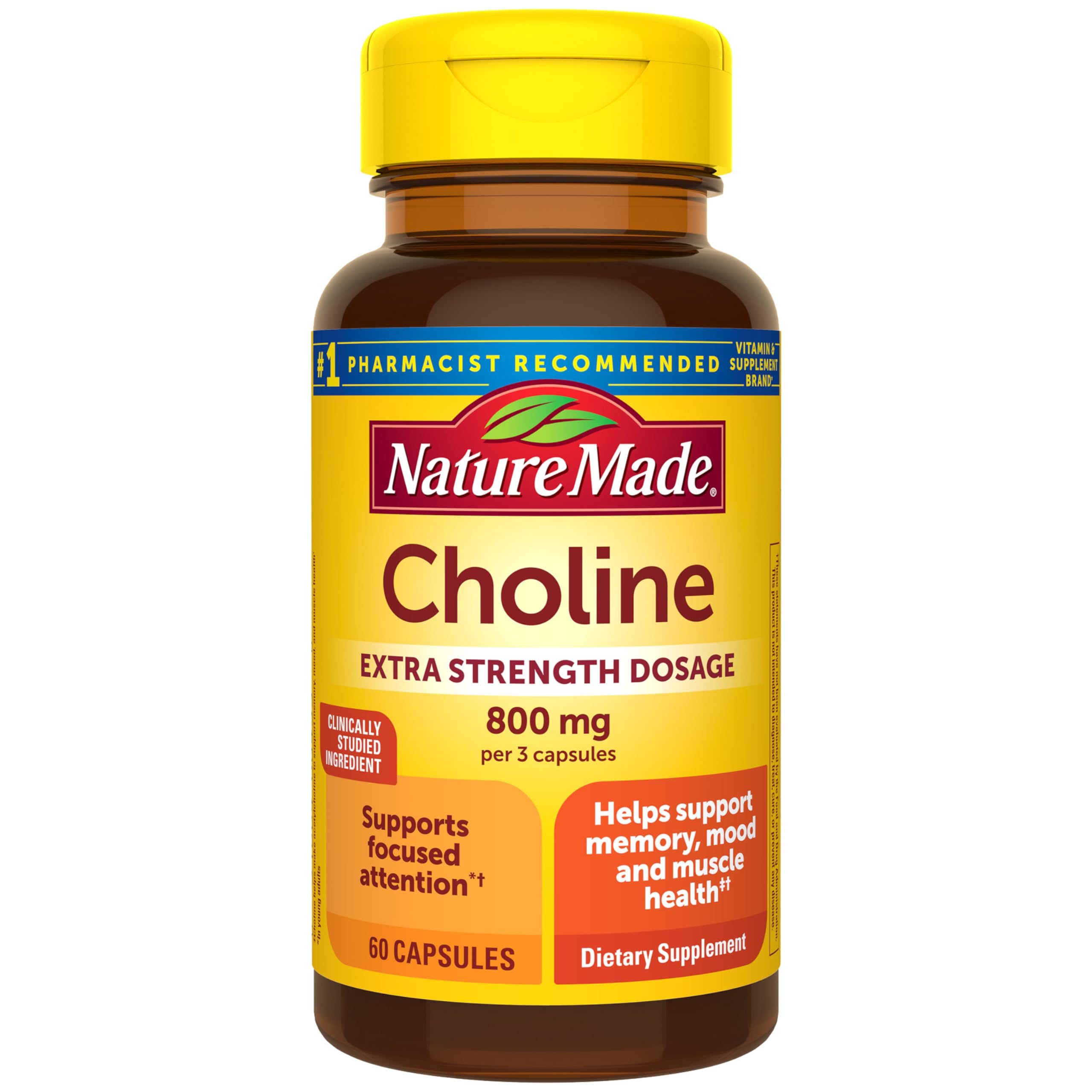 Nature Made Extra Strength Choline bottle front showing 60 capsules for daily support