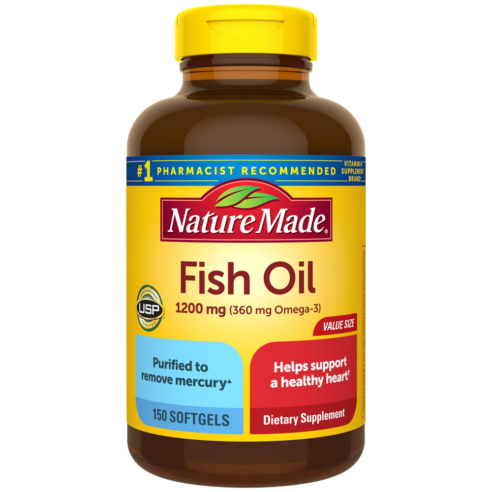 Nature Made Fish Oil 1200 mg bottle front, 75-day omega-3 supply.