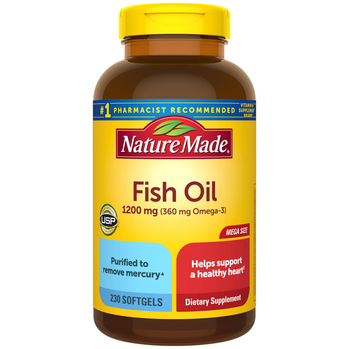 Nature Made Fish Oil 1200 mg softgels bottle shows a 230-count supply for daily omega-3.