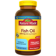 Nature Made Fish Oil 1200 mg softgels bottle shows a 230-count supply for daily omega-3.