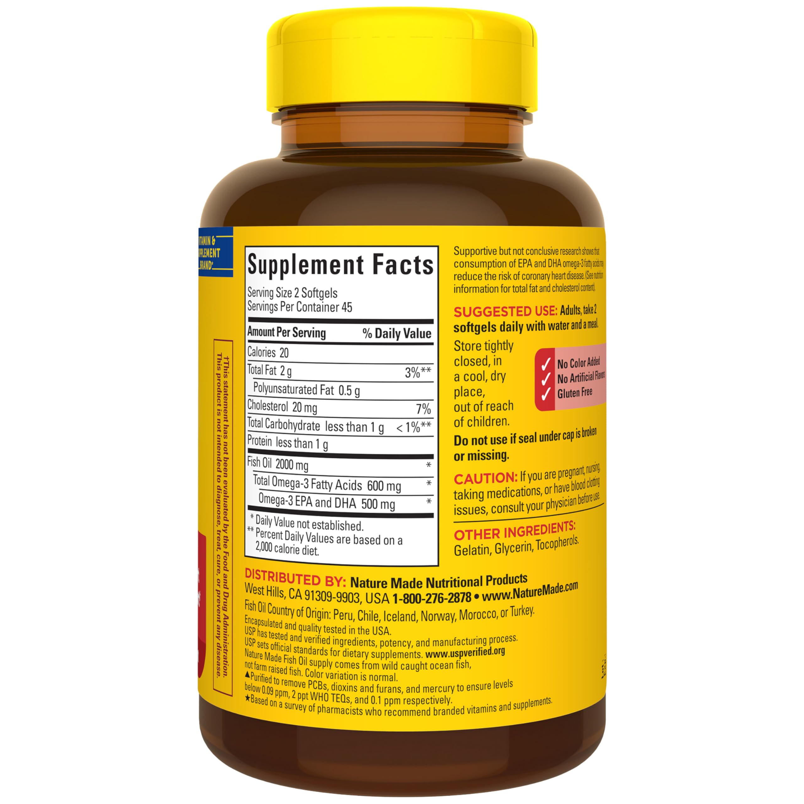 Nature Made fish oil serving two capsules with water for daily intake.