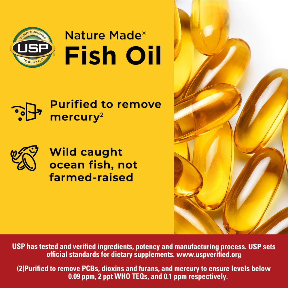 Nature Made Fish Oil softgels poured into hand for easy daily use.