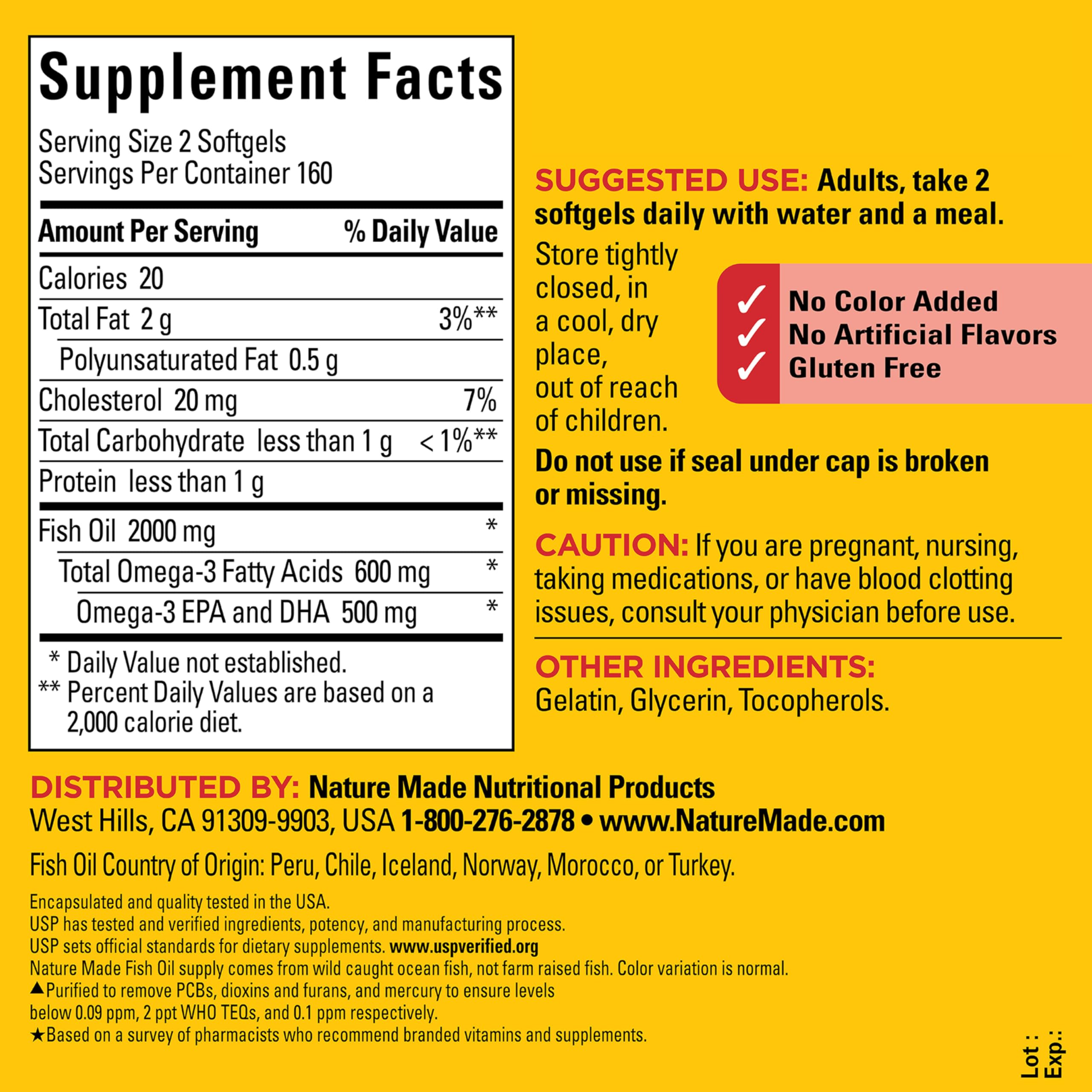 Serving tip shows two softgels with water for daily intake